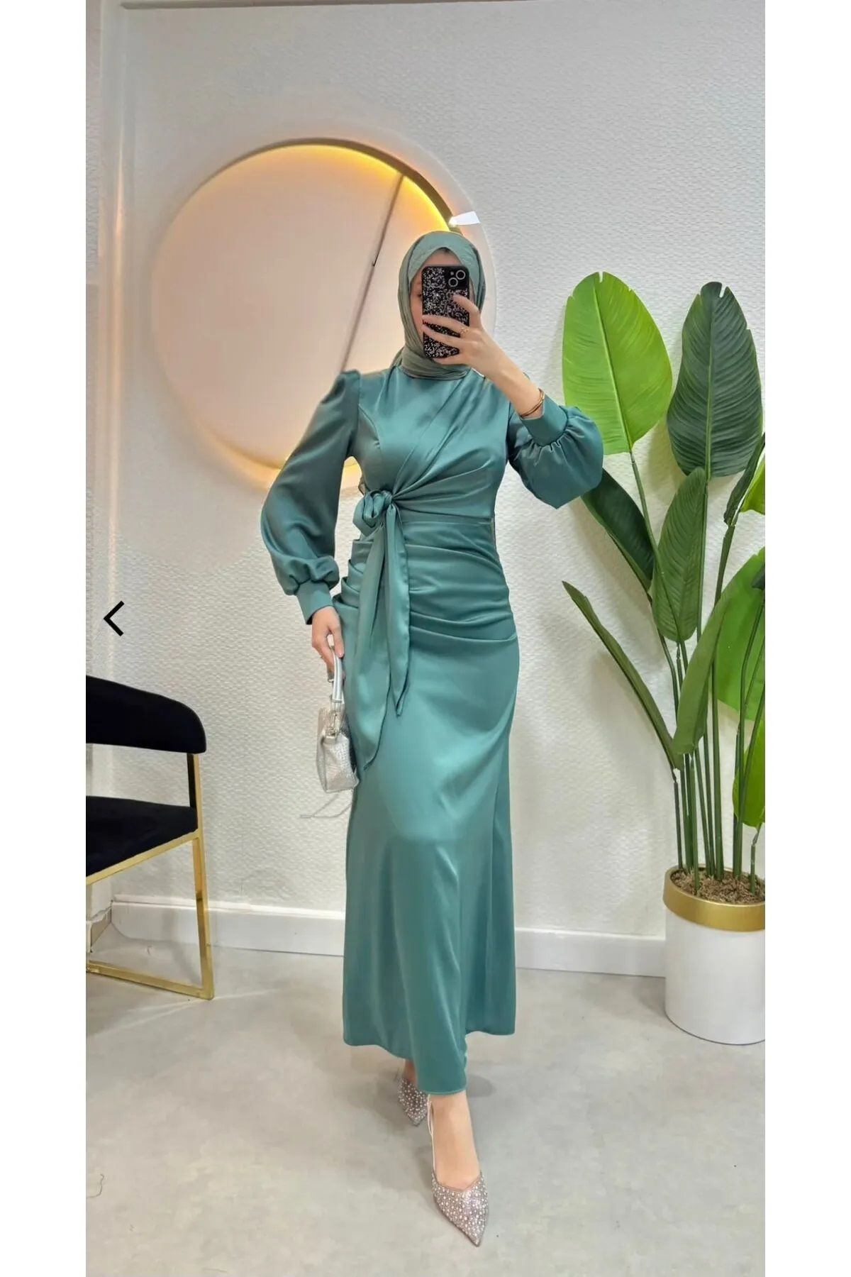 Trendy Butik Kadın YANDAN BAĞLAMALI SATEN ABİYE - Yeşil