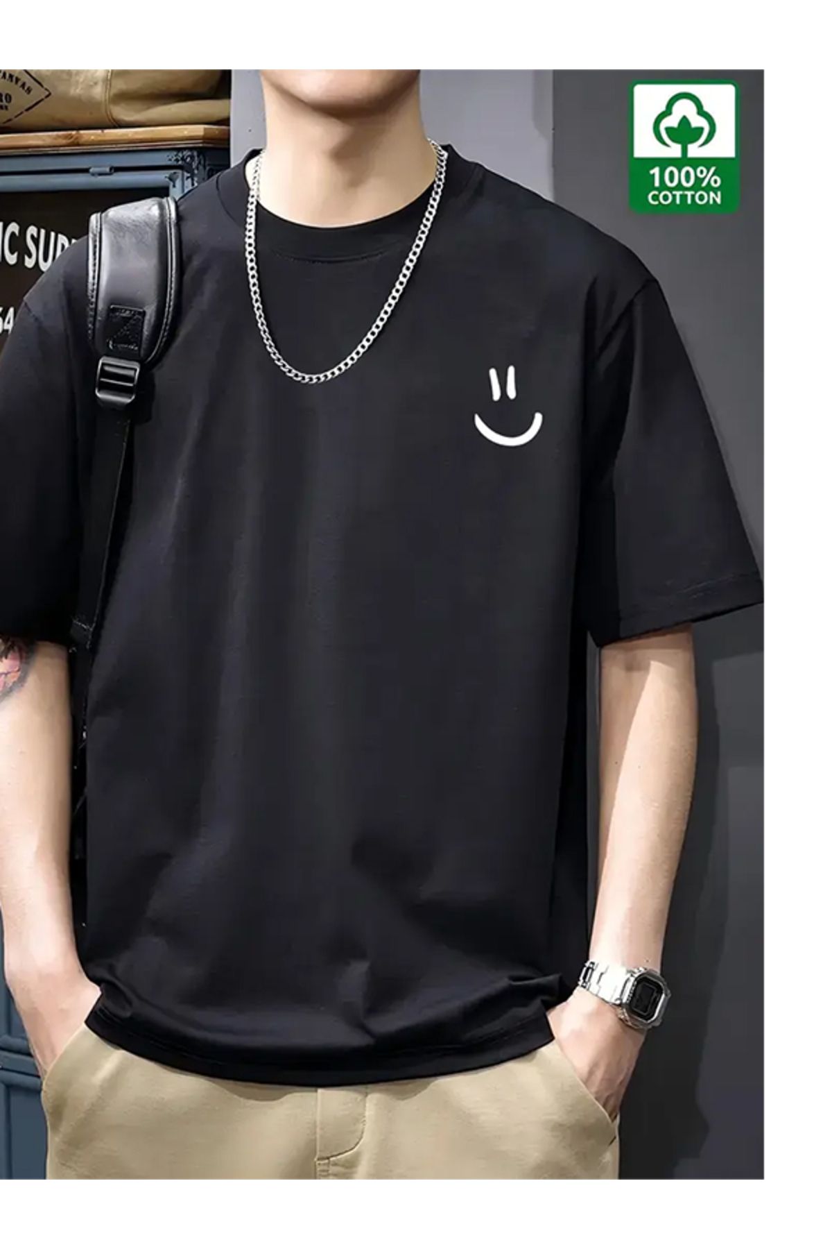 EXPECTED Unisex Smile Gülen Yüz Emoji Motto Baskılı Pamuklu Oversize T-shirt