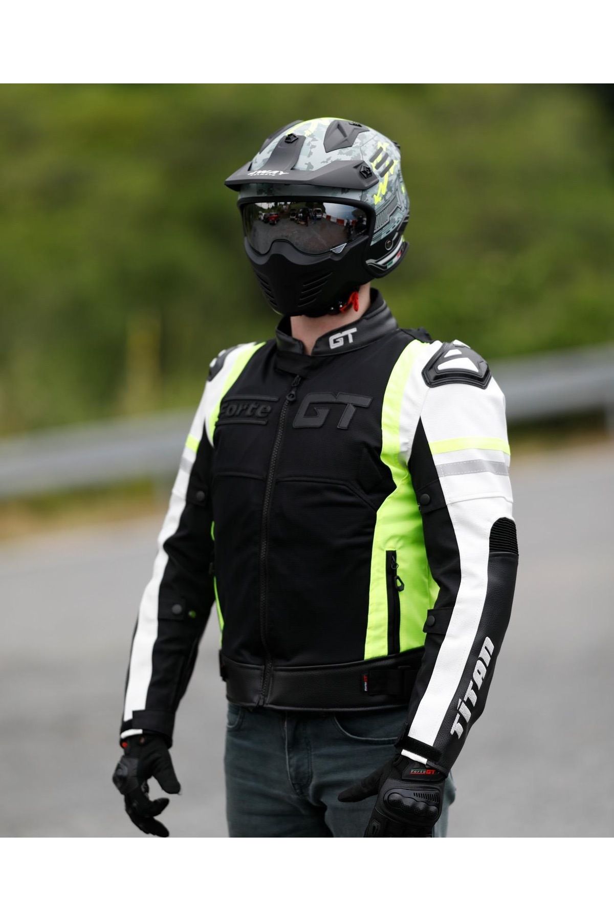 yyk FORTE GT TiTAN Neon Sarı, Hörgüçlü Koruma Deri Tekstil 4 Mevsim Motosiklet Ceket Mont