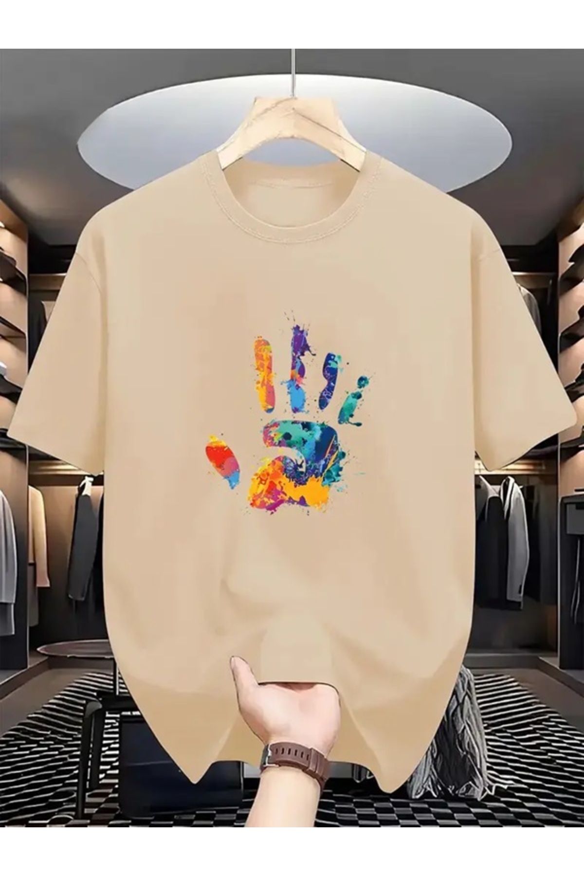EXPECTED Unisex Oversize Nefes Alabilir Renkli El Baskısı, Geniş Kesim, Pamuklu, Günlük Yazlık Şık T-shirt