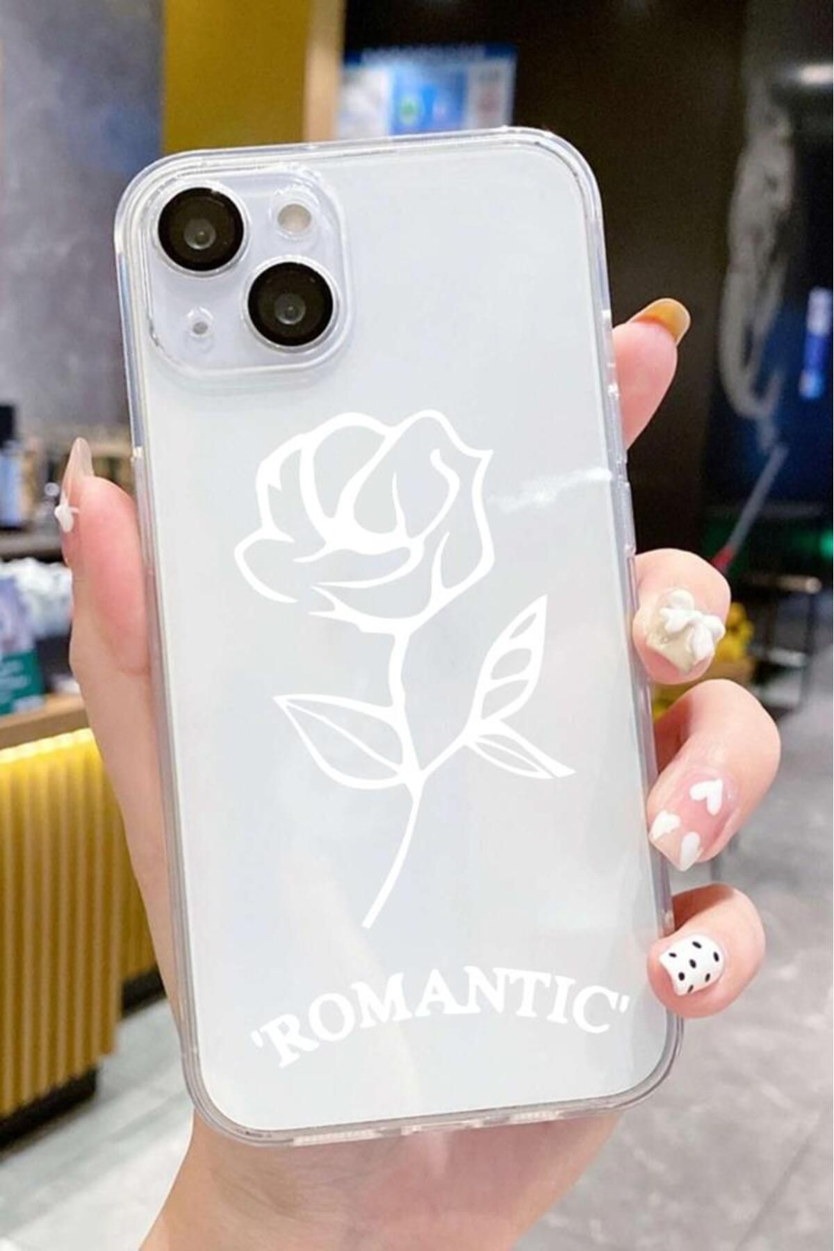 3GEN CASE İphone 13-İphone 14 Uyumlu Çizgi Beyaz Gül Desenli Şeffaf Silikon Kılıf