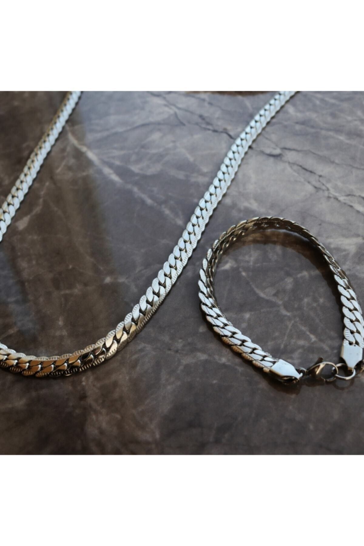 Rose Jelwery Gümüş Renk Çelik Snake Unisex Kolye & Bileklik Set Vip Solmaz Kararmaz Çelik Set