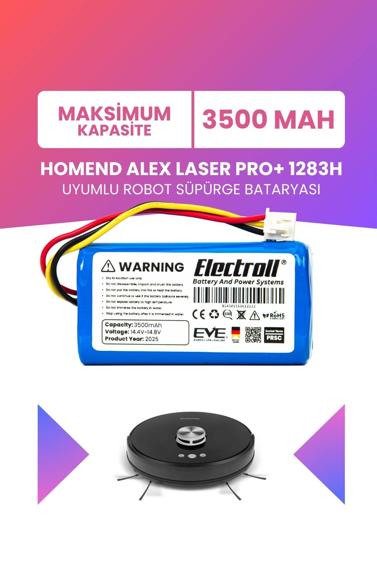 ELECTROLL Homend Alex Laser Pro+ 1283H Uyumlu Batarya (MAKSİMUM KAPASİTE) 3500mah Pil Robot Süpürge Bataryası