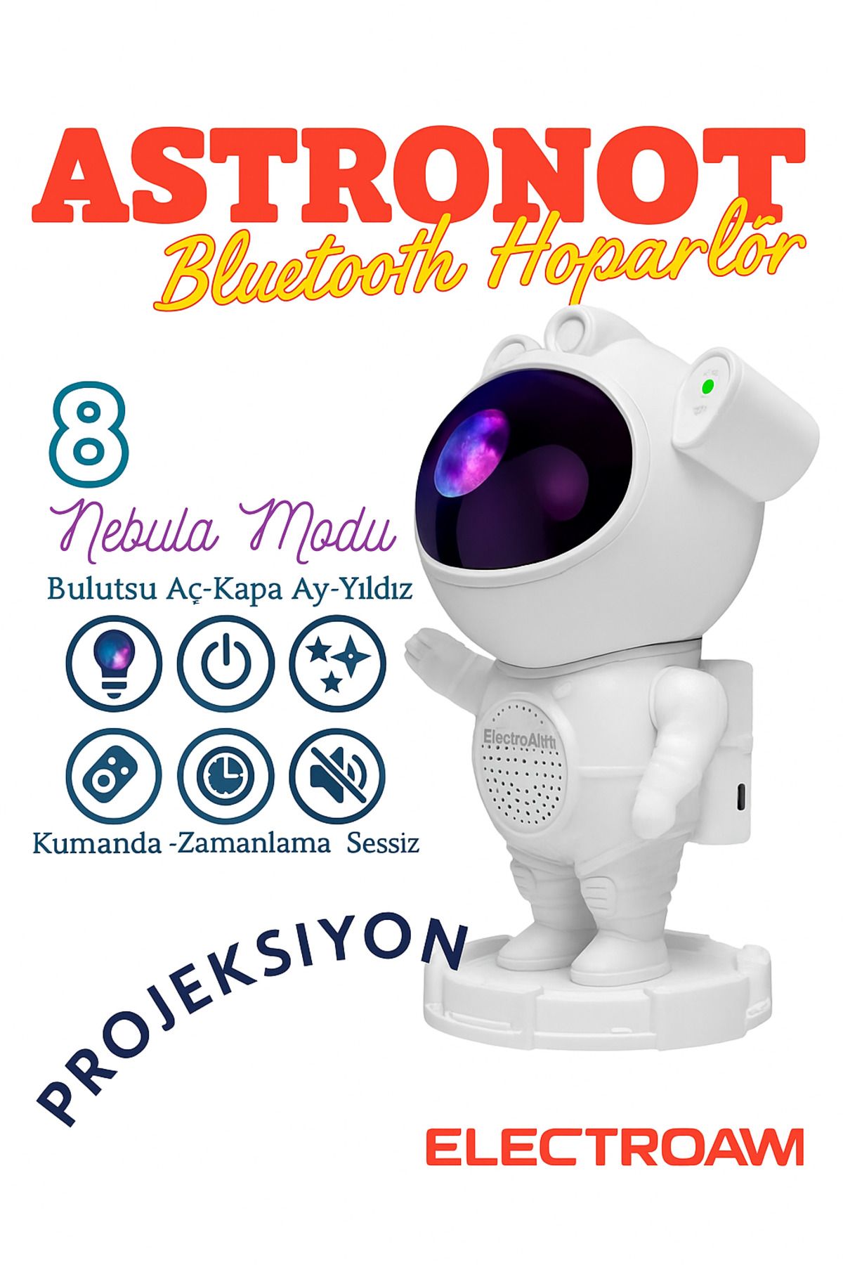 electroawm Astronot Tasarımlı Bluetooth Hoparlör & Gece Lambası – 8 Renkli Projeksiyon, Kumandalı!"