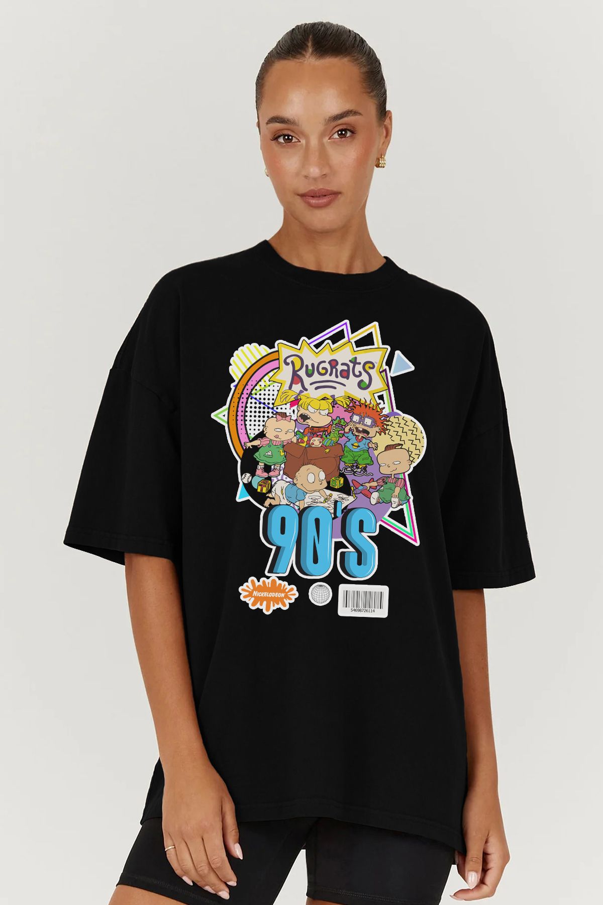 MODA Rugrats Rugratler Baskılı Oversize Kalıp Siyah Geniş Bol Kesim Kadın Tişört