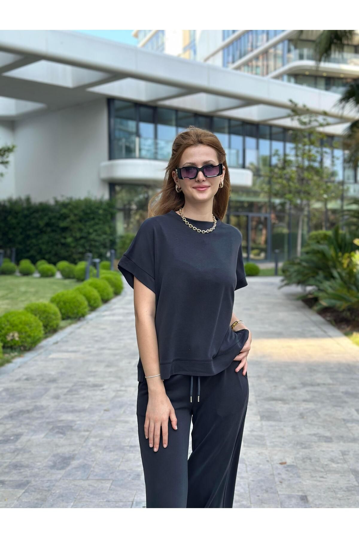 Forlady Butik Koyu Antrasit Pike Modal T-Shirt Pantolon Kadın İkili Takım