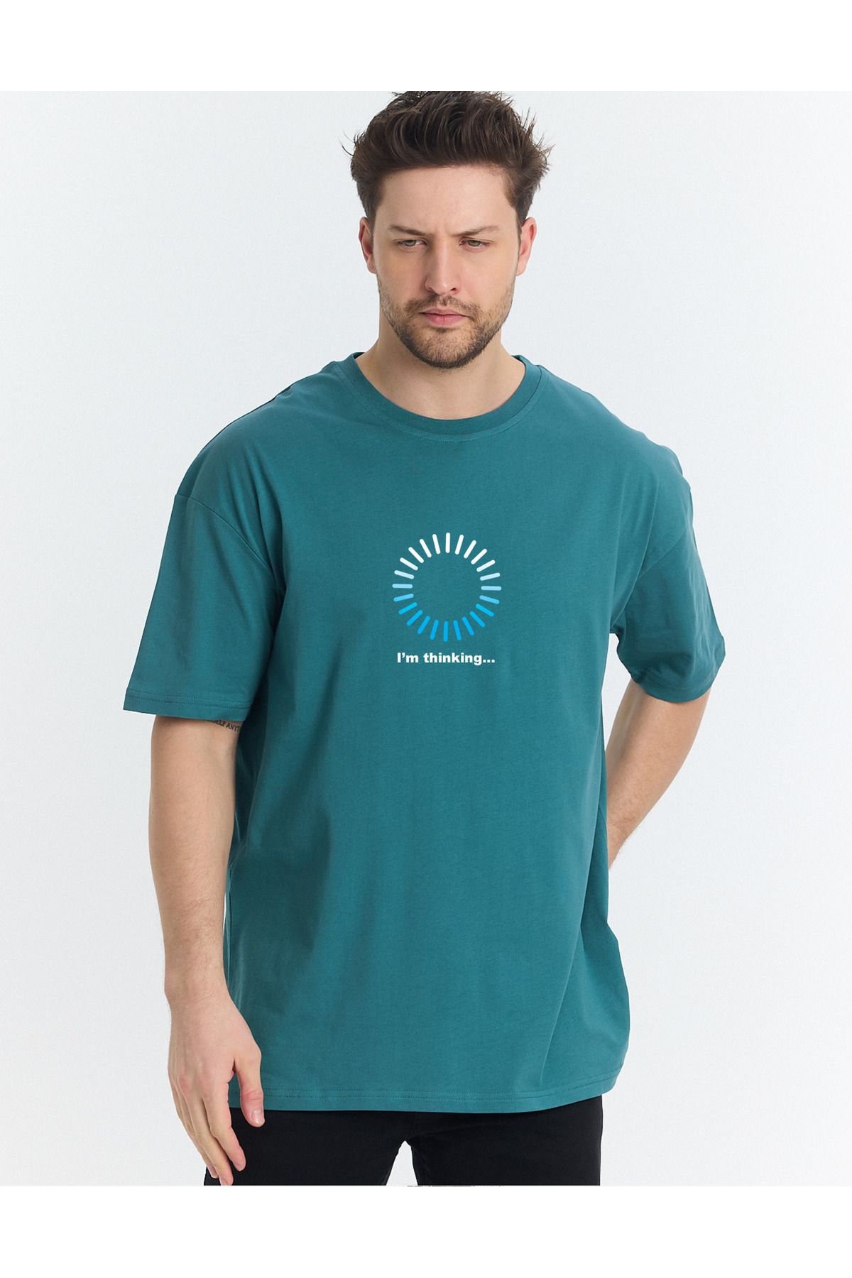 Windy Island Erkek Bisiklet Yaka "I am thinking" Baskılı Oversize T-shirt