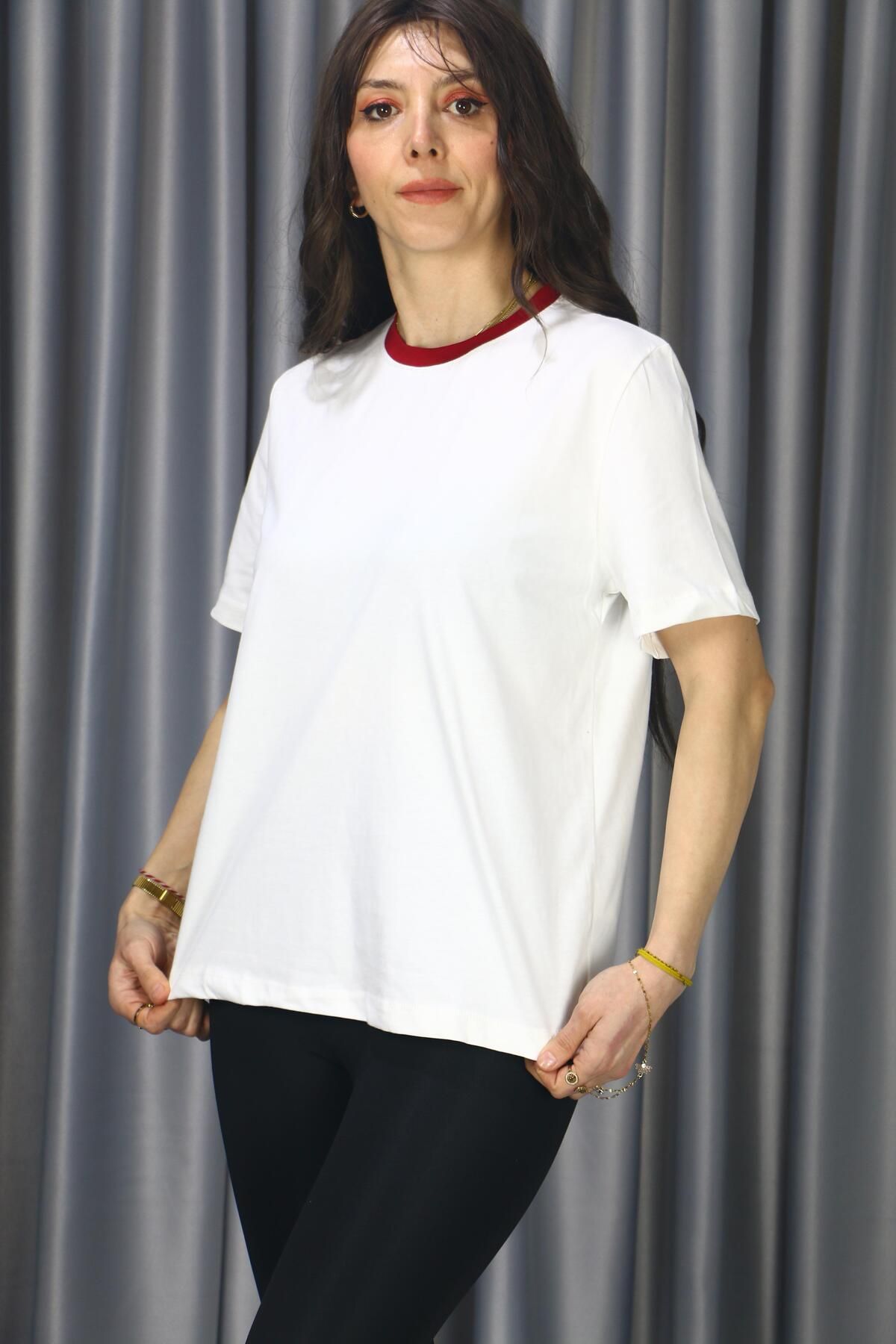 Giyimodam Premium Seri Beyaz Yakası Renkli Biyeli Tshirt
