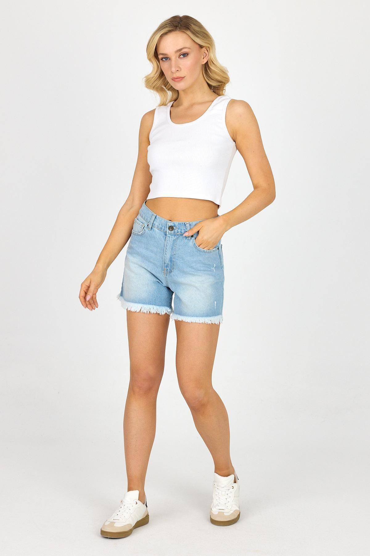DAMGA JEANS Kadın Yüksek Bel Buz Mavi Mini Kot Şort