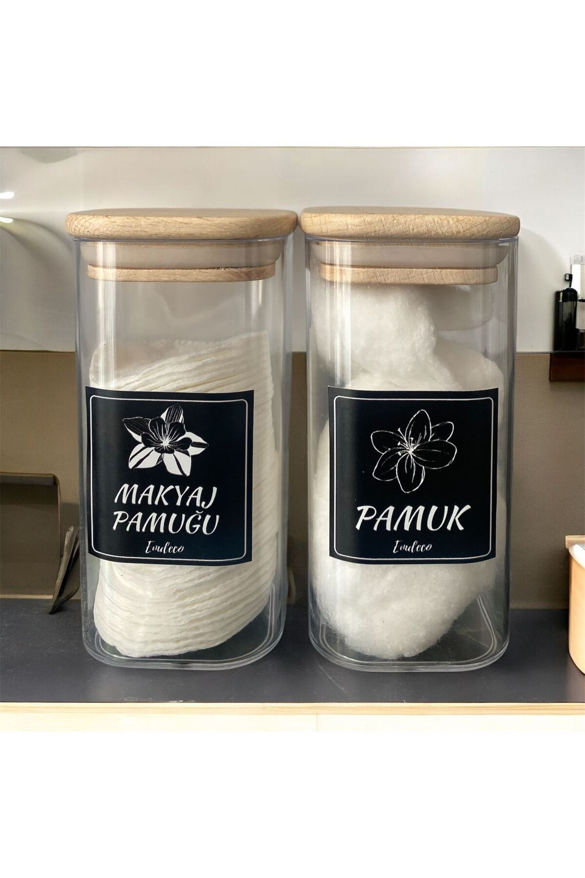 emdeco 2 Adet Ahşap Kapaklı Akrilik Şeffaf Pamuk, Makyaj Pamuğu Kavanozu