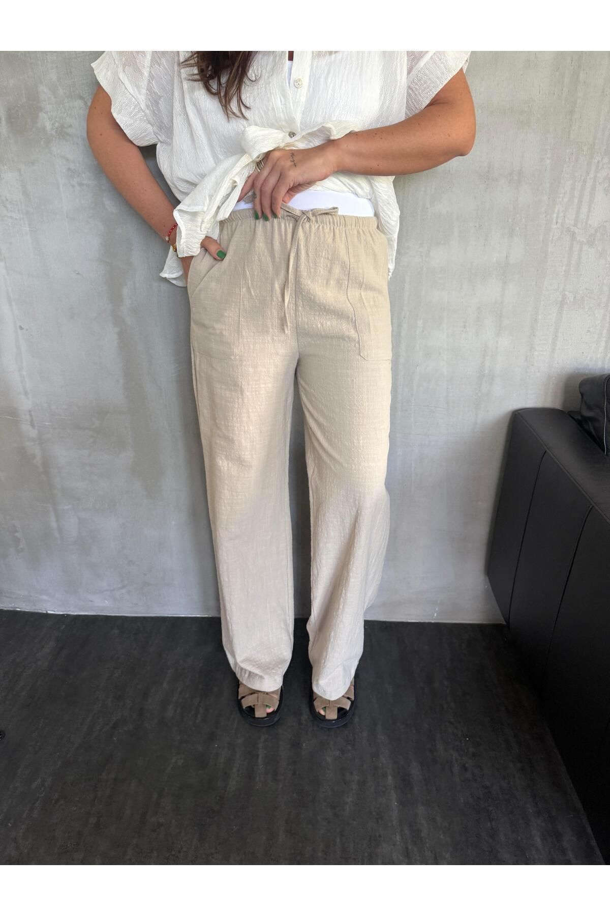 begum mayda Beli Lastikli , %100 Cotton , Bej Pantolon