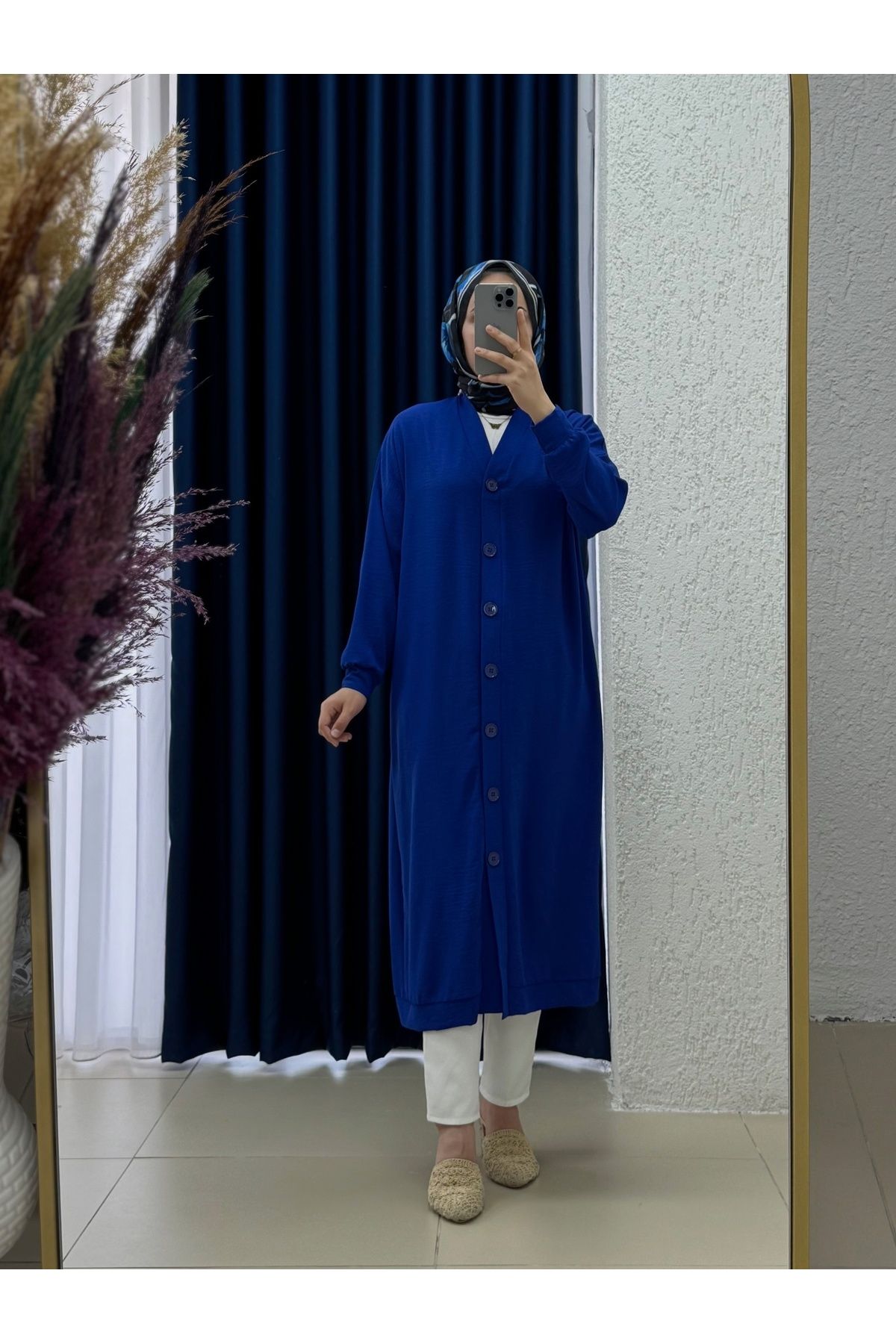 Mihra Serelle Önü Düğmeli Ayrobin Uzun Hırka-FA793 Saks