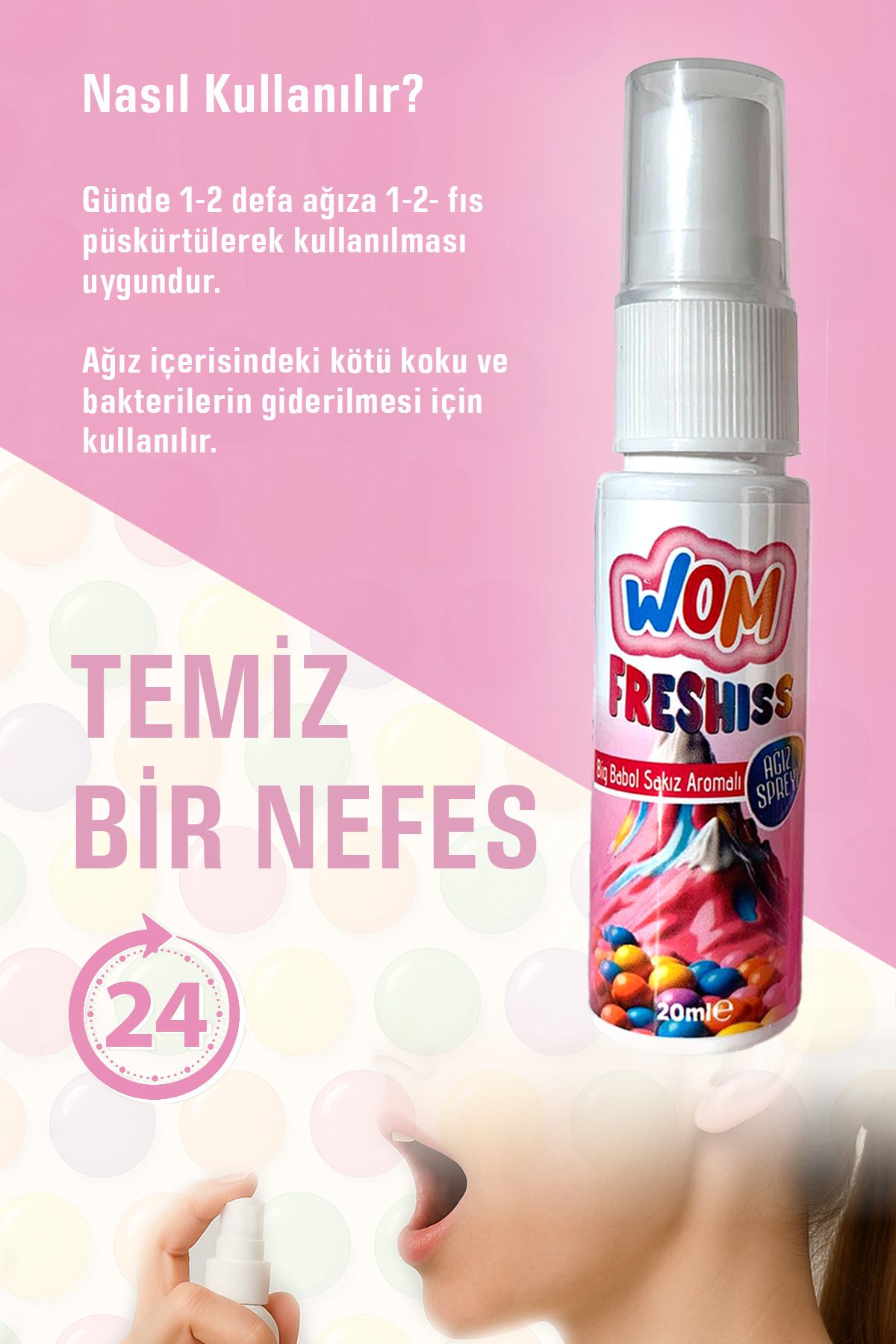 Wom DENTAL Ağız Spreyi, Ağız Kokusu Önleyici Sprey, Propolis Katkılı, 20ml, Alkolsüz, Bigbabol Aromalı