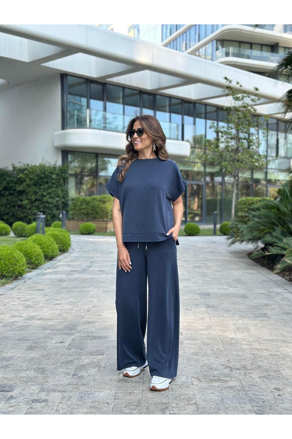 Forlady Butik Lacivert Pike Modal T-Shirt Pantolon Kadın İkili Takım