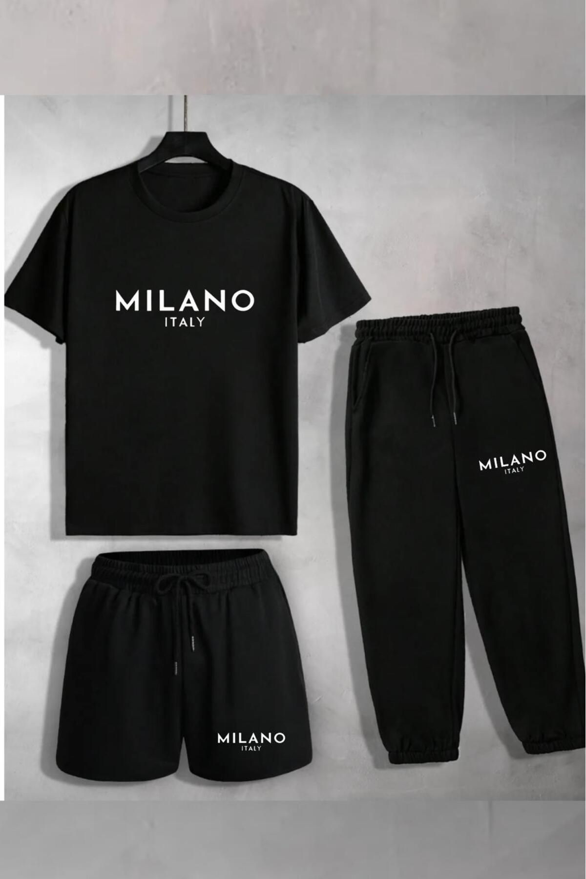 NO 601 Unisex Siyah Oversize Kesim Milano Baskılı T-shirt Siyah Şort Ve Eşofman 3'lü Takım
