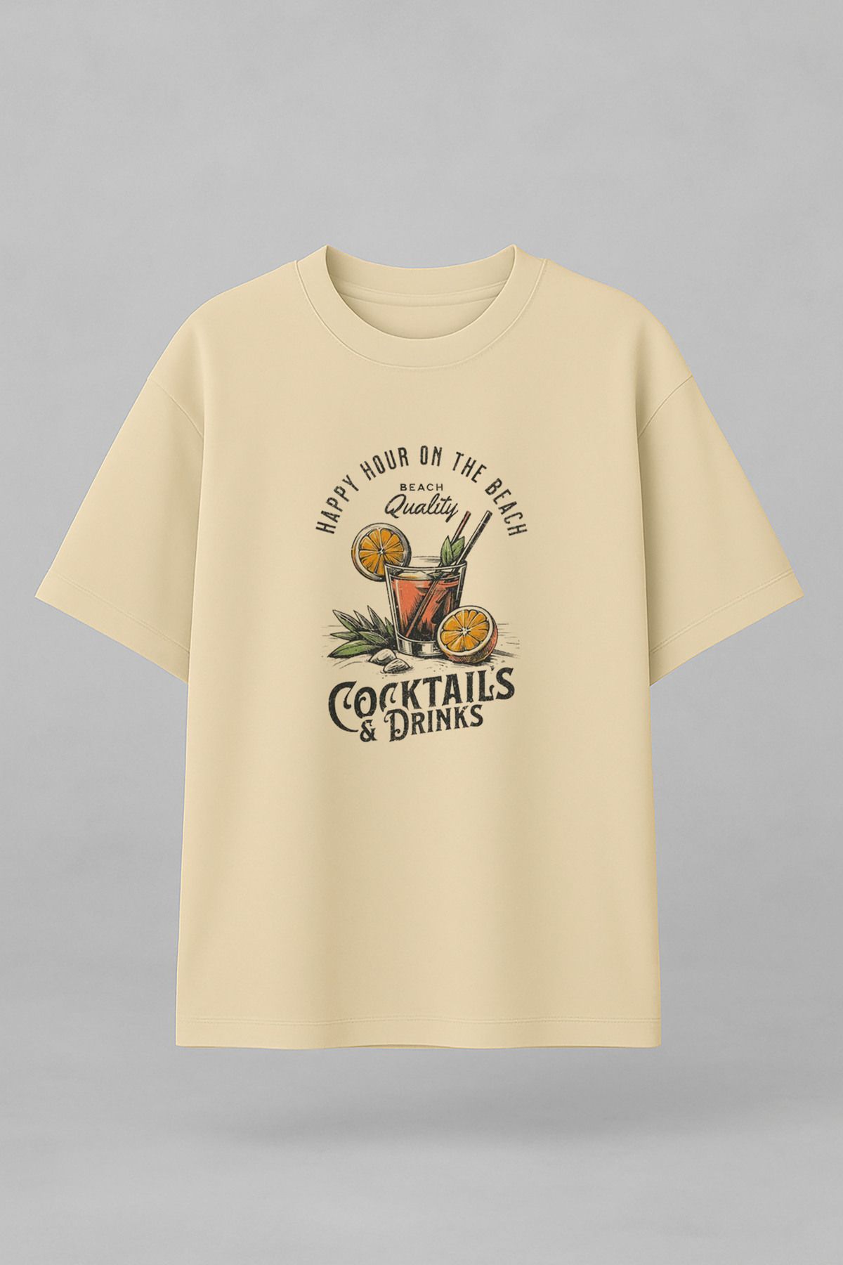 sielta Coctail Kokteyl Baskılı Bisiklet Yaka Oversize Kalıp Tişört T-shirt