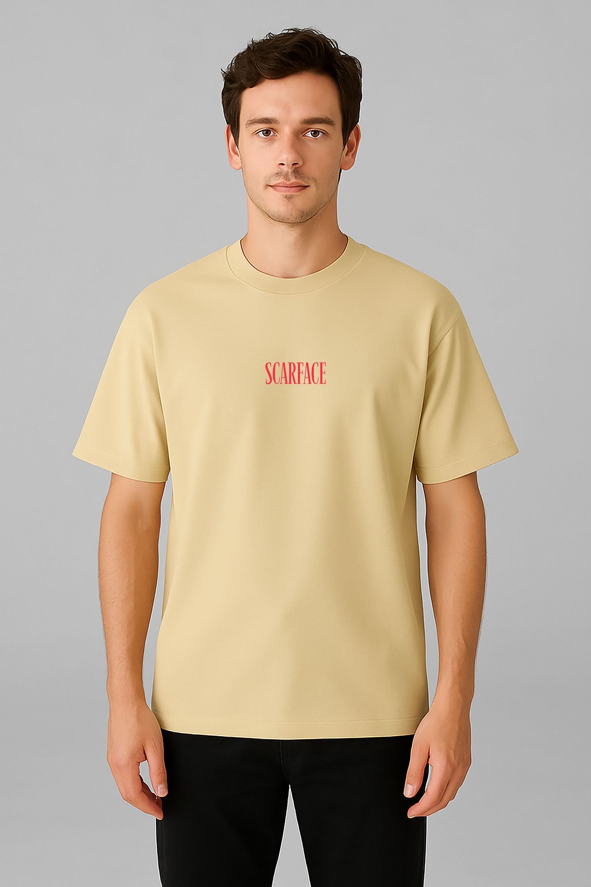 sielta Scarface Yaralı Yüz Baskılı Bisiklet Yaka Oversize Kalıp Tişört T-shirt