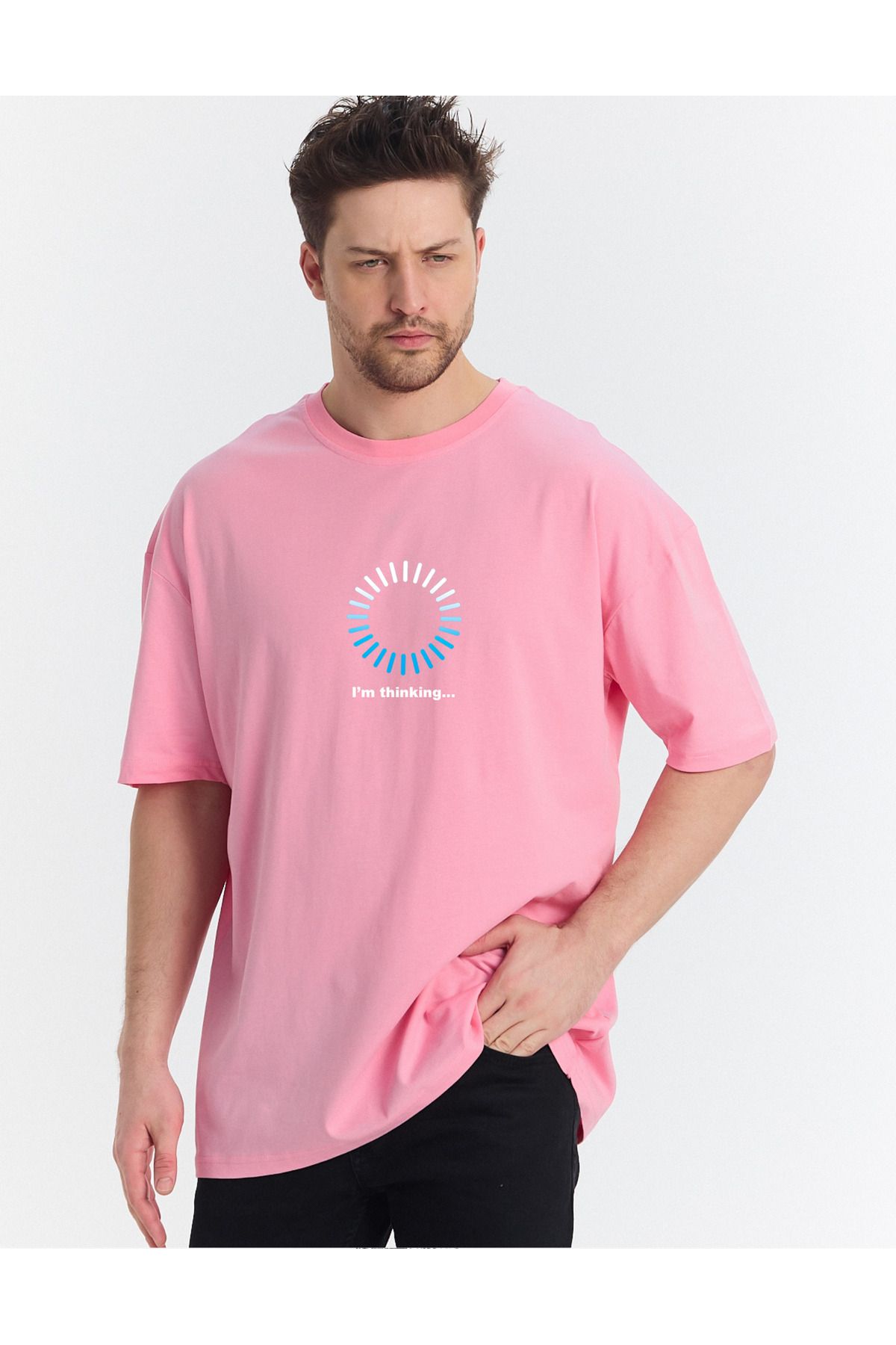 Windy Island Erkek Bisiklet Yaka "I am thinking" Baskılı Oversize T-shirt