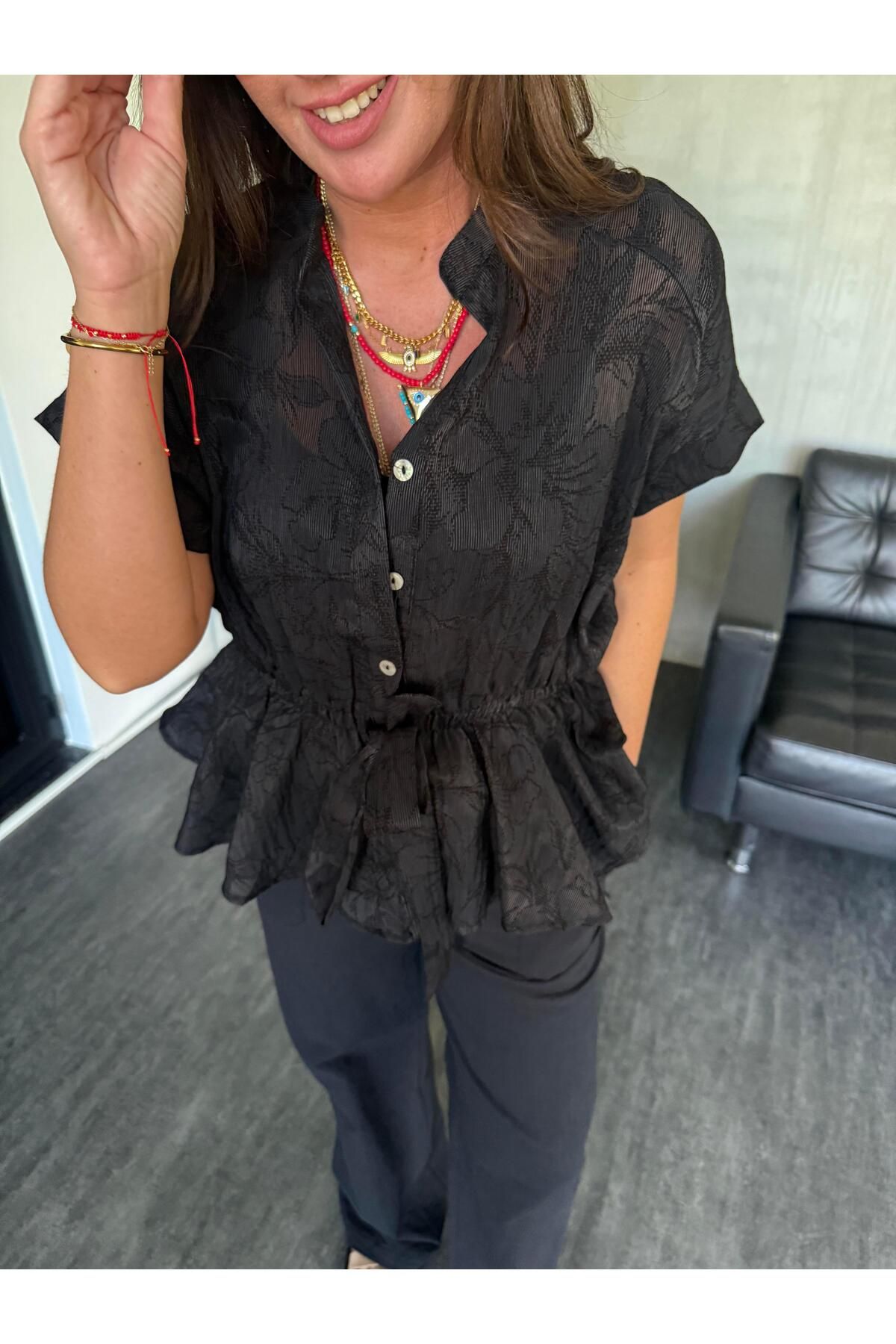 begum mayda Dantel Desenli , Belden Bağlamalı , Premium , Siyah Bluz