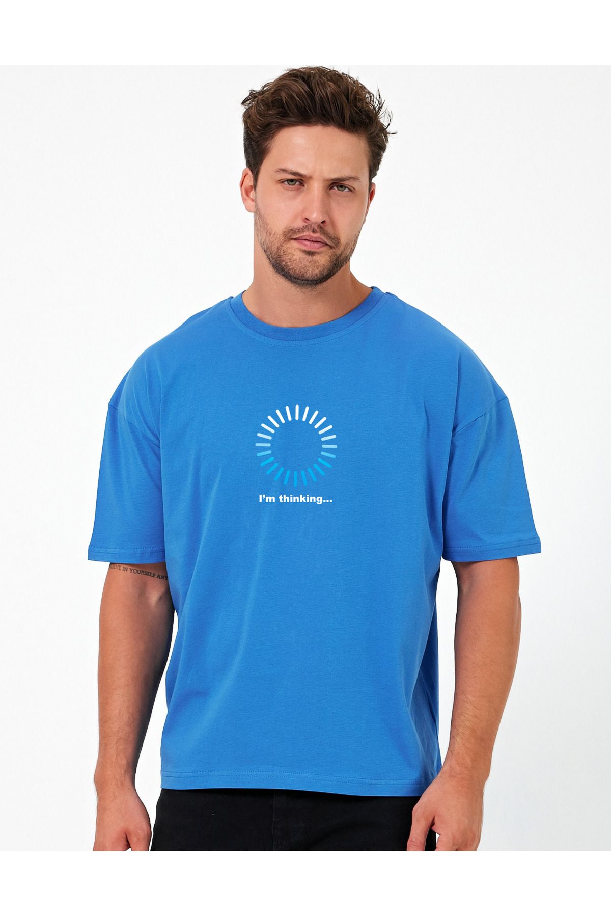 Windy Island Erkek Bisiklet Yaka "I am thinking" Baskılı Oversize T-shirt