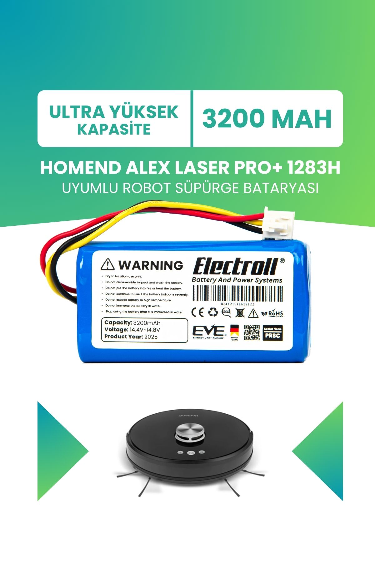 ELECTROLL Homend Alex Laser Pro+ 1283H Uyumlu Batarya (ULTRA YÜKSEK KAPASİTE) 3200mah Robot Süpürge Bataryası