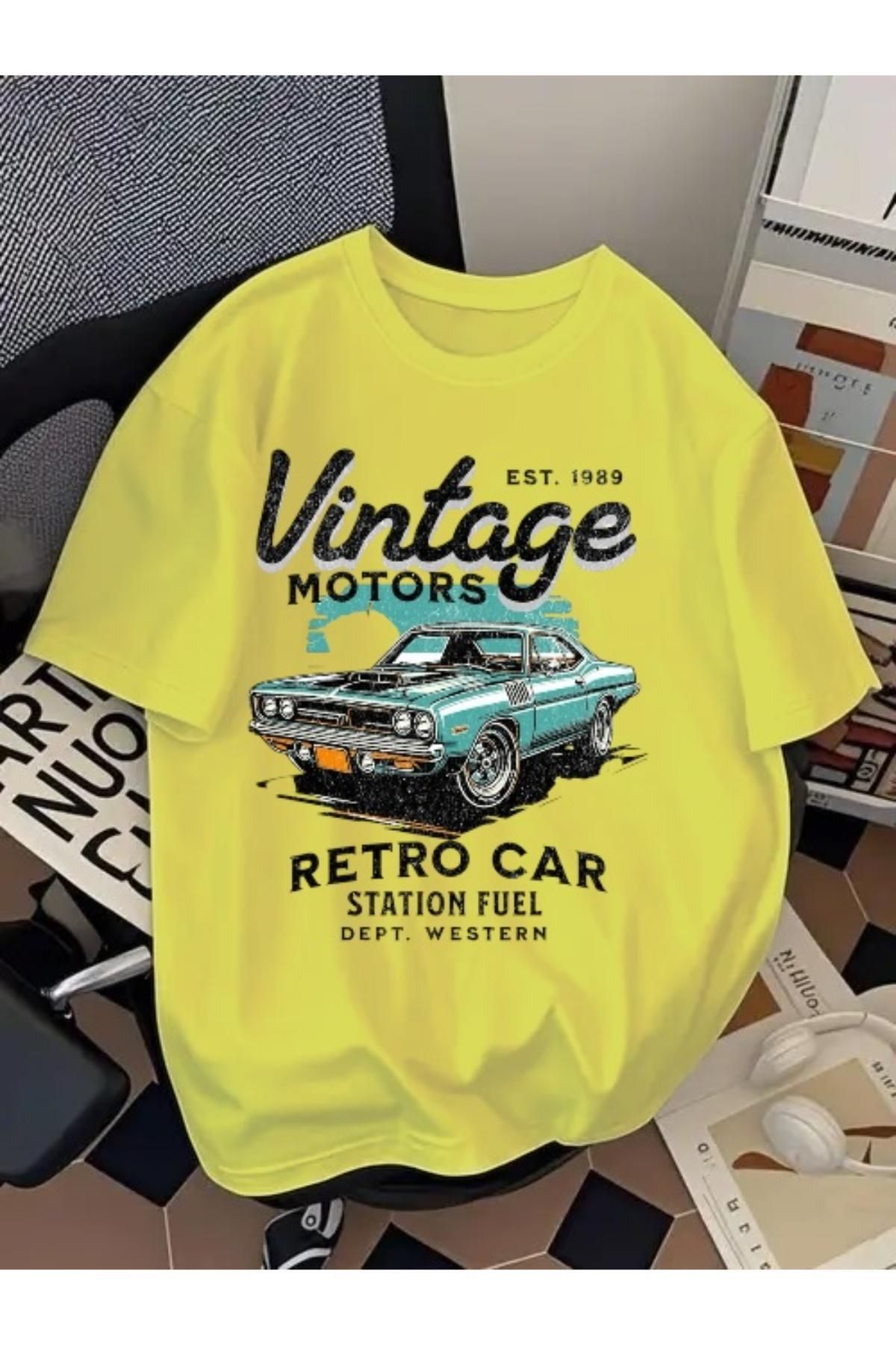 EQİ Vintage Retro Car Baskılı Oversize T-Shirt