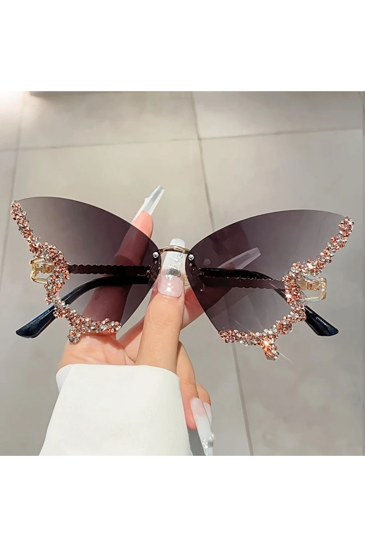 GlassySKY 1 Adet Kelebek Taşlı Çerçevesiz Moda Güneş Gözlük,Kostüm Parti,Tatil Seyahat Fotoğraf Aksesuarı