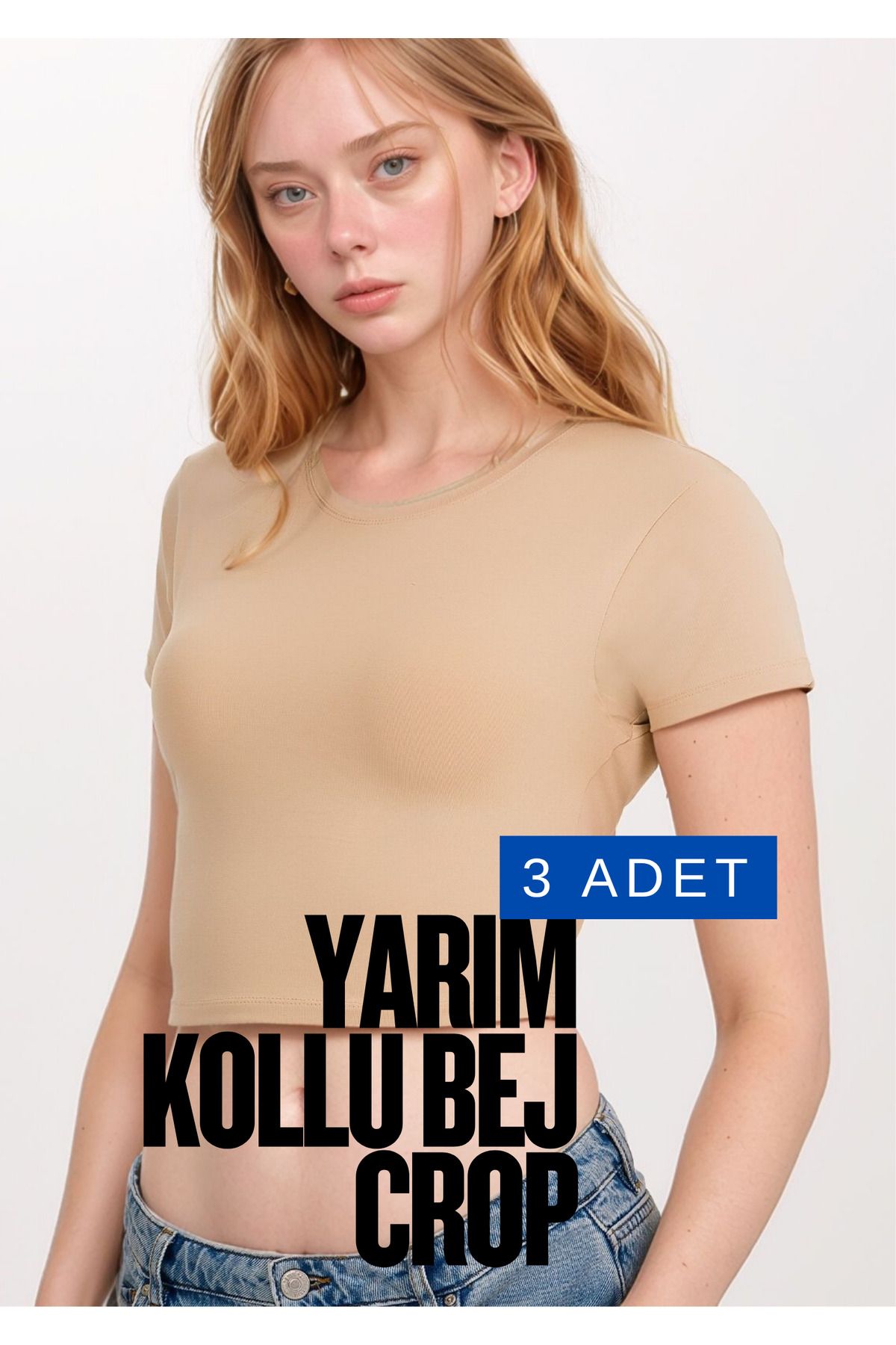 Loule Kadın Giyim Pamuklu - Elastan Yarım Kol Bisiklet Yaka 3 Adet Bej Crop LL.011.ILK.110