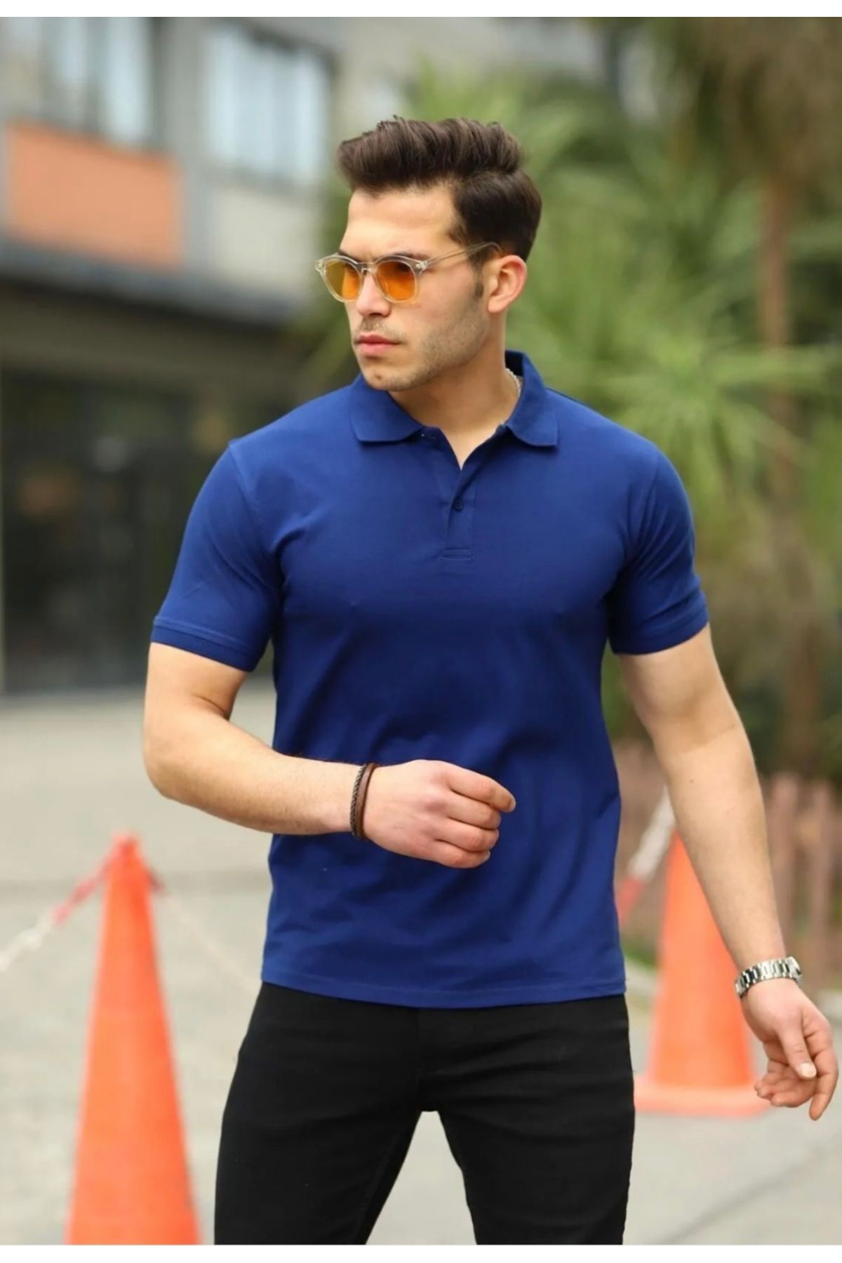MODA İndigo kıvrılmaz polo yaka erkek swet T-shirt