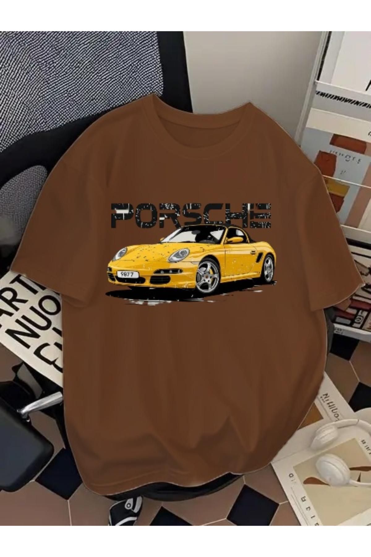 EQİ Porsche Sarı Araba Baskılı Oversize T-Shirt