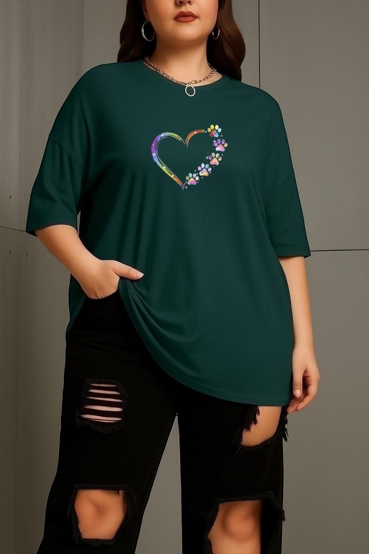 BENROMA BÜYÜK BEDEN RENKLİ KALP BASKILI UNİSEX TİŞÖRT