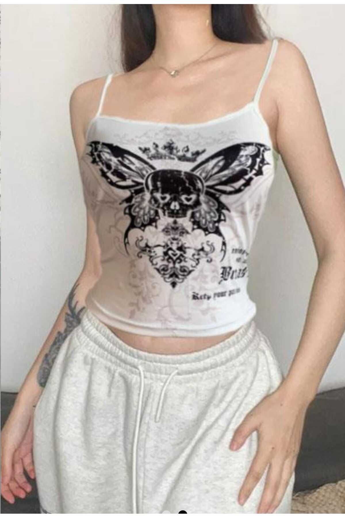 İsra Ayyıldız Moonstar Collection Beyaz Gotik Skull Butterfly Y2K Askılı Crop