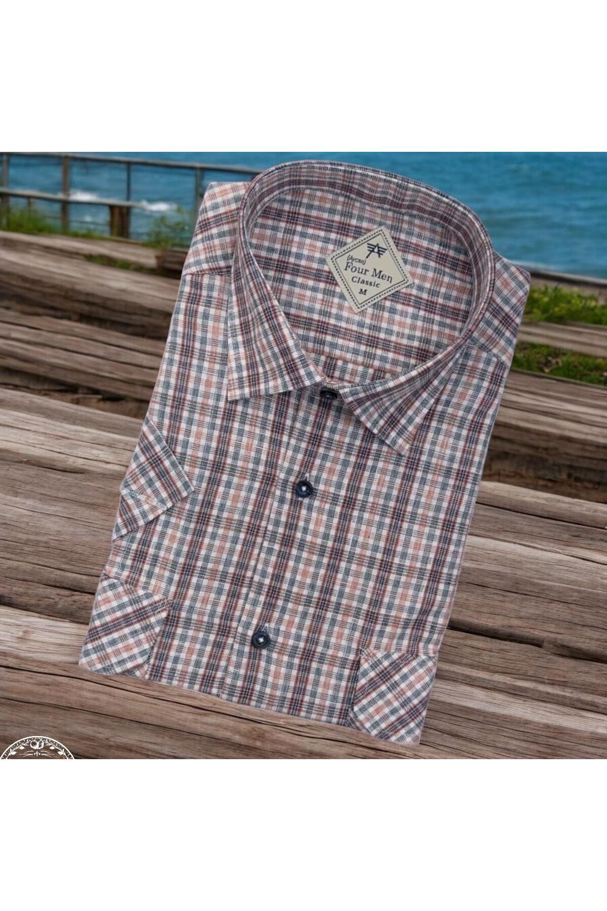 EREN STYLE Linen Keten Klasik Kısa Kollu İki Cepli Kapaklı Beyaz Baba Gömleği (Regular Kalıp)