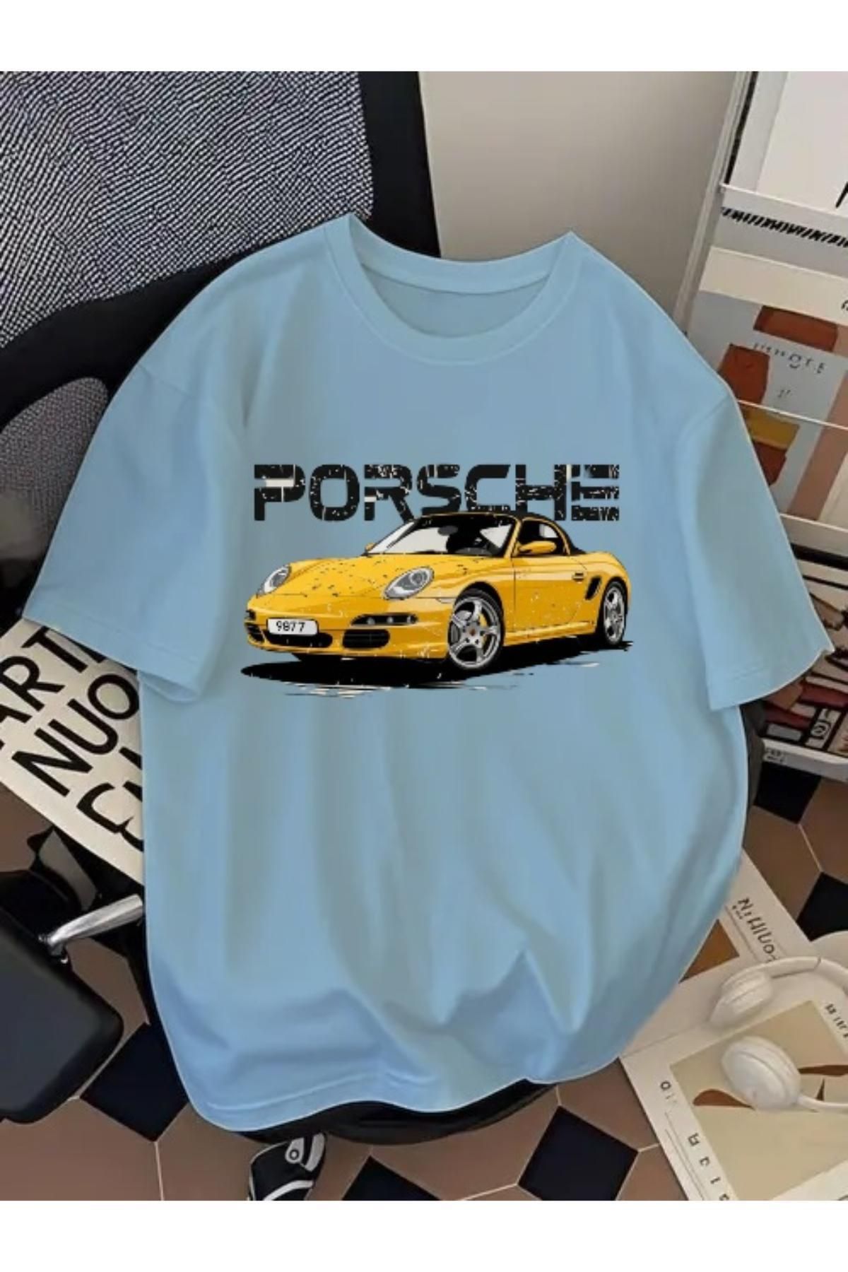EQİ Porsche Sarı Araba Baskılı Oversize T-Shirt