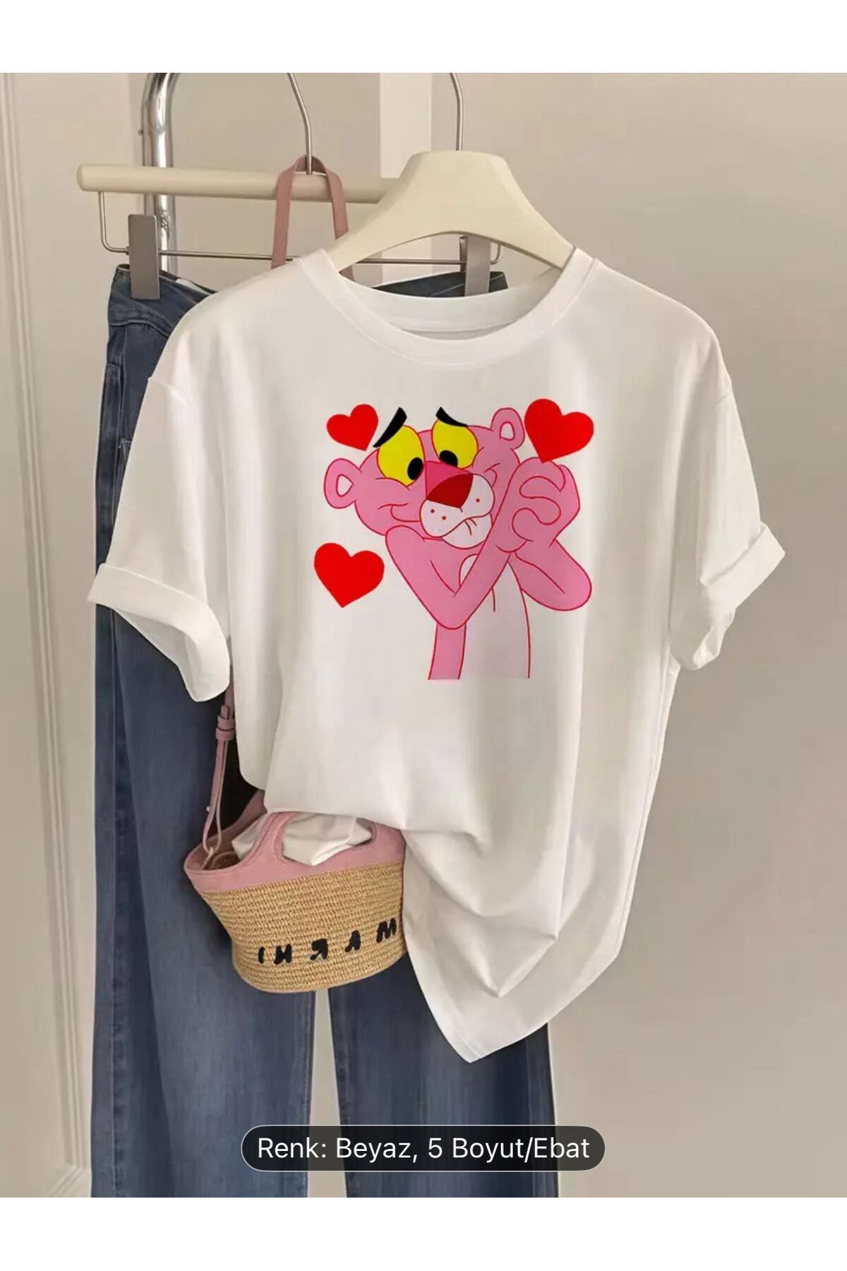 ELZE MODA Unisex A KALİTE PREMİUM Pembe Panter Baskılı Oversize T-shirt