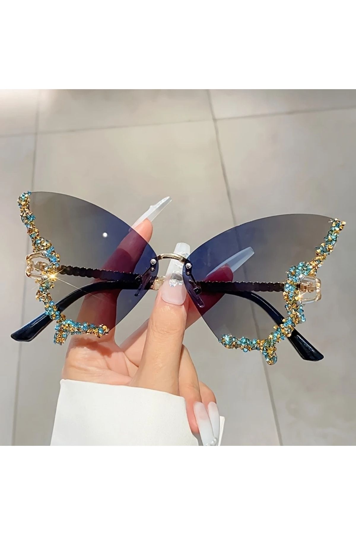 GlassySKY 1 Adet Kelebek Taşlı Çerçevesiz Moda Güneş Gözlük,Kostüm Parti,Tatil Seyahat Fotoğraf Aksesuarı