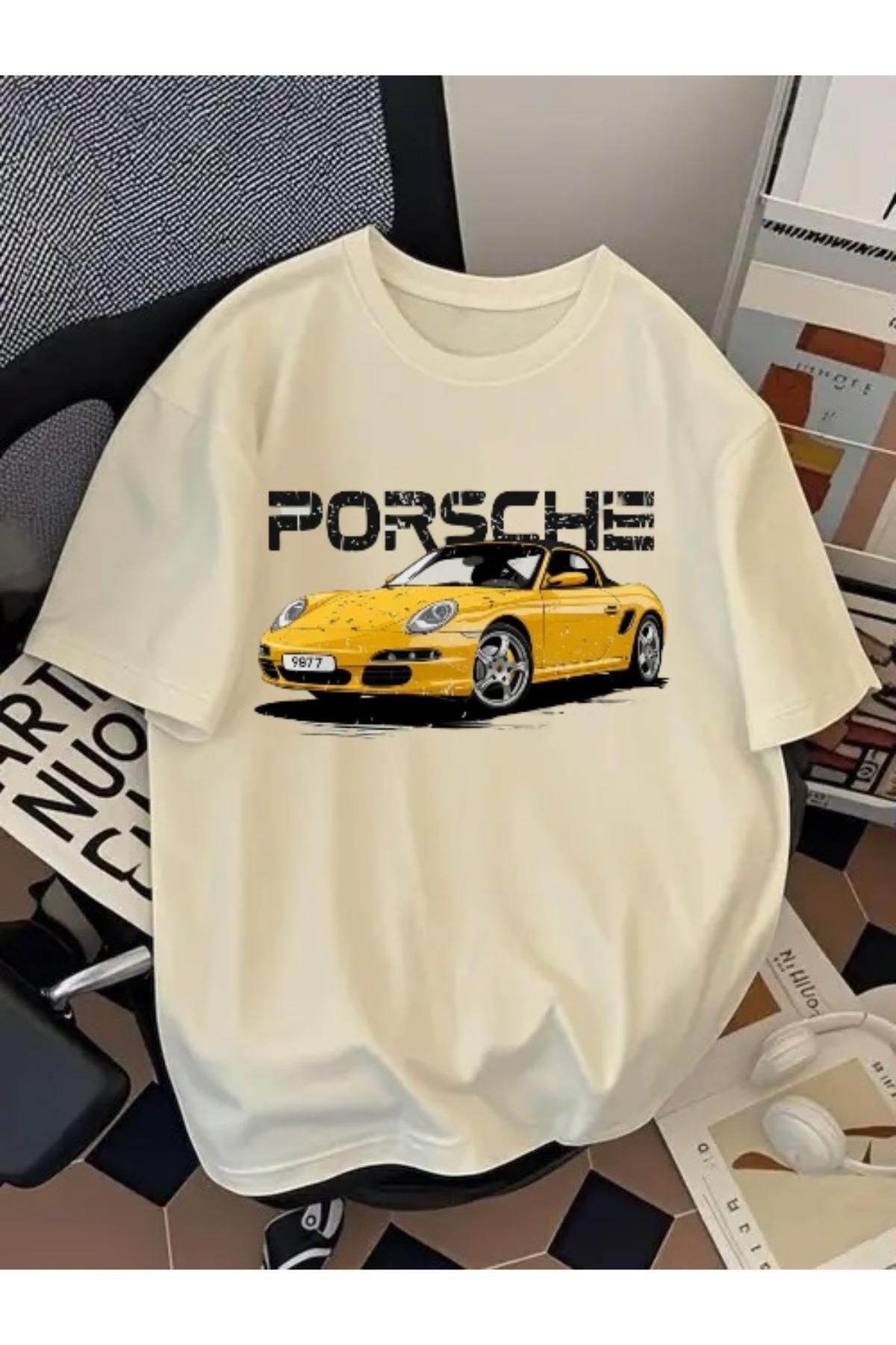 EQİ Porsche Sarı Araba Baskılı Oversize T-Shirt