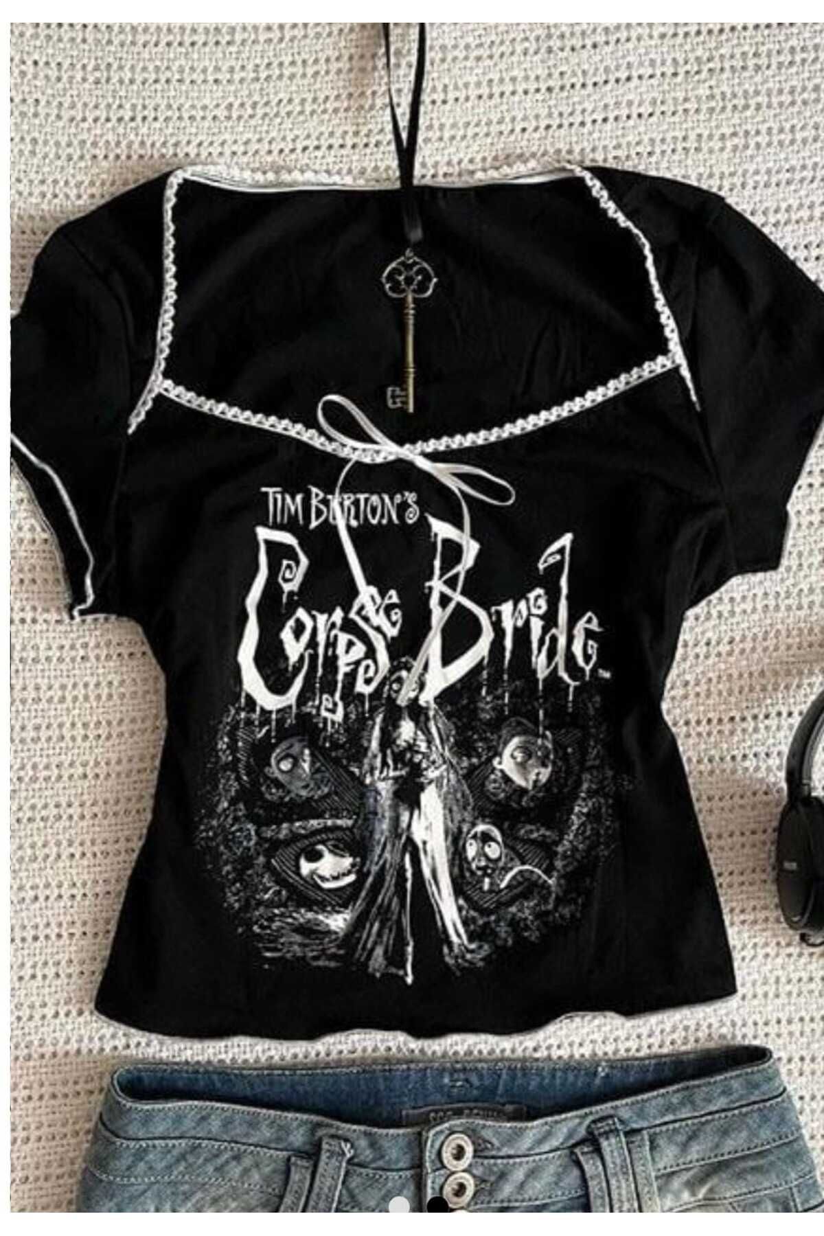 İsra Ayyıldız Moonstar Collection Siyah Corpse Bride Ölü Gelin Dikiş Detaylı Kurdeleli Y2K Kısa Kollu Bluz