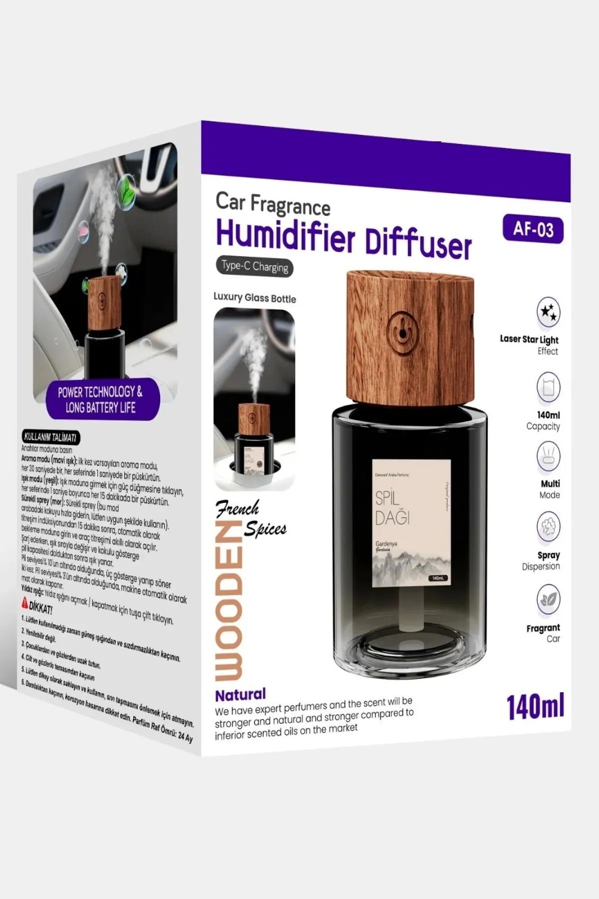 auhma Hava Nemlendirici Spil Dağı Kokulu 140ml | Lazer Yıldız Tavan Efektli Otomatik Araç İçi Koku Difüzör