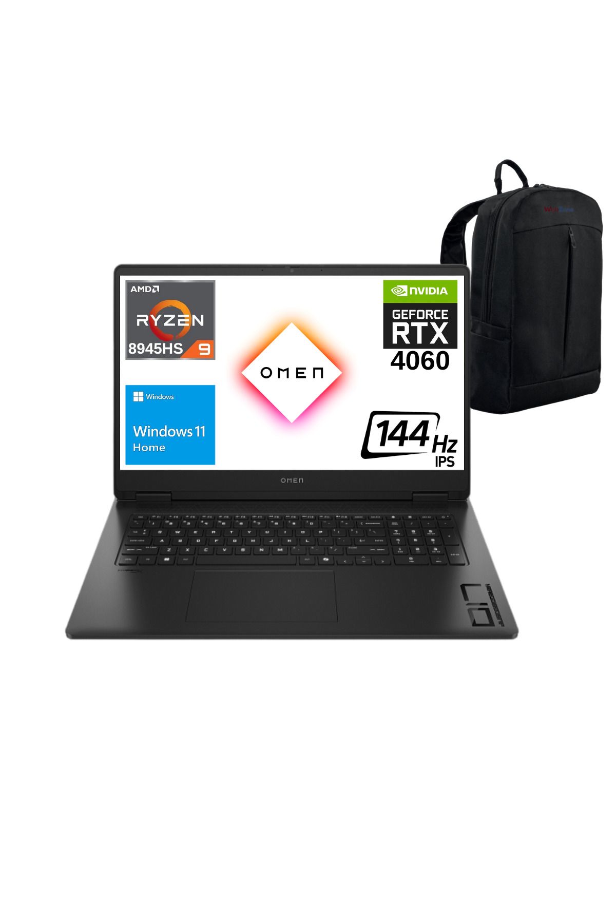 HP Omen 17-DB0004NT R9 8945HS 32GB 2TB SSD RTX4060 17.3" FHD 144Hz W11 Laptop - Webzone Çanta WZ4