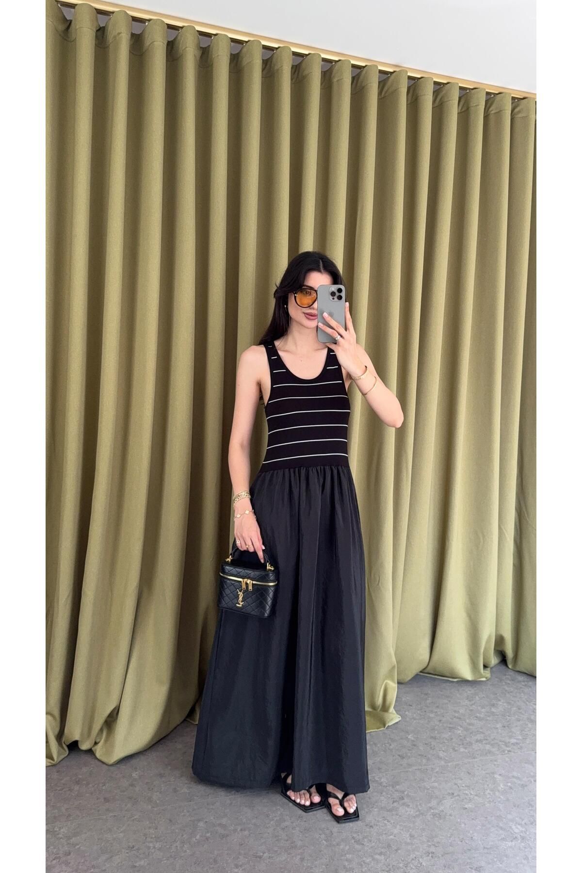HAZELANNA Çizgili Siyah Maxi Elbise