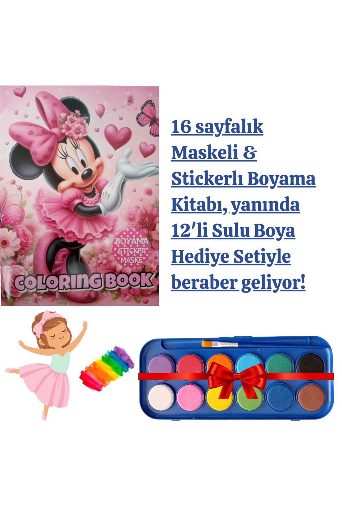 booddie Minnie Mouse Boyama Kitabı Stickerlı (arka Kapak Kesilerek Maskeli ) 12'li Sulu Boya Seti