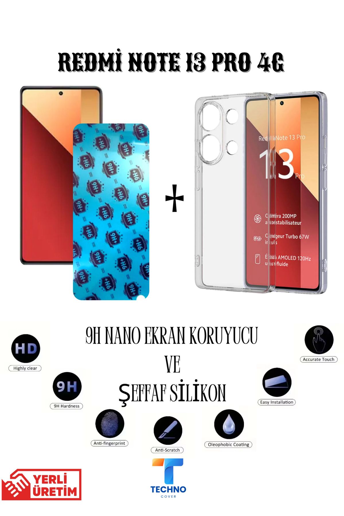 foxpower Redmi Note 13 Pro 4G Nano Ekran Koruyucu ve Şeffaf Kılıf 2li Avantajlı Paket