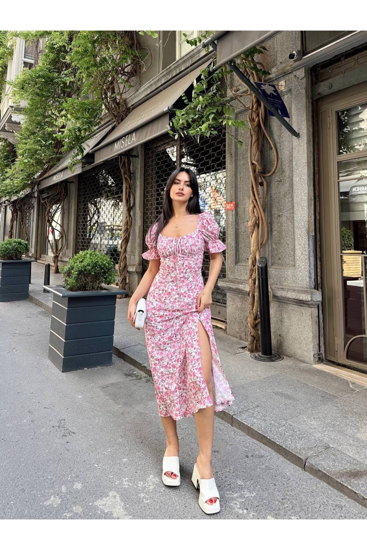 Nopen Knitwear Kadın Önü Büzgülü Yırtmaç Detaylı Midi Elbise