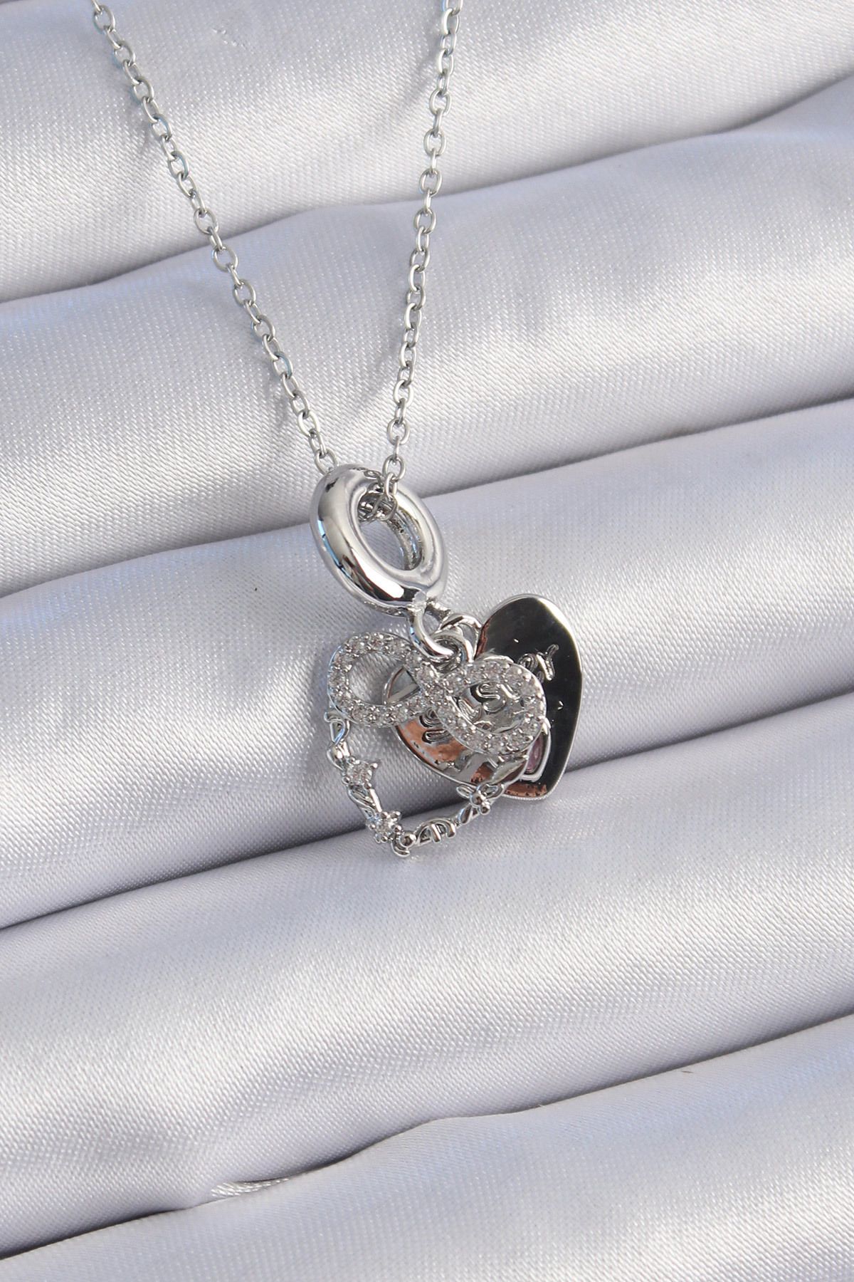 Angel Of Life 316L Çelik Gümüş Renk Zirkon Taşlı Sonsuzluk Kalp Figür Charm Model Kadın Kolye - TJ-BKO9309
