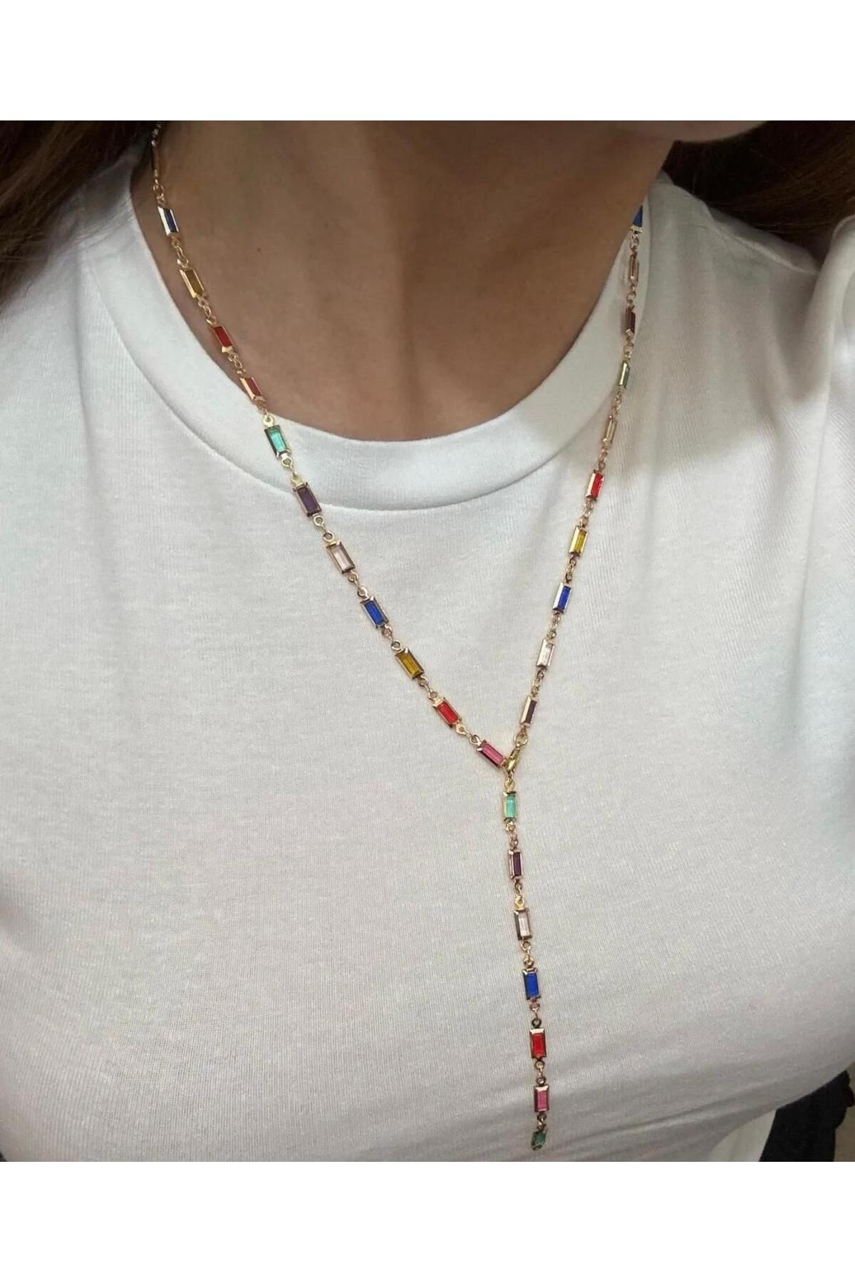 soleah Y Model Altın Kaplama Dikdörtgen Renkli Taşlı "el Yapımı" Pinterest 65 Cm Kolye