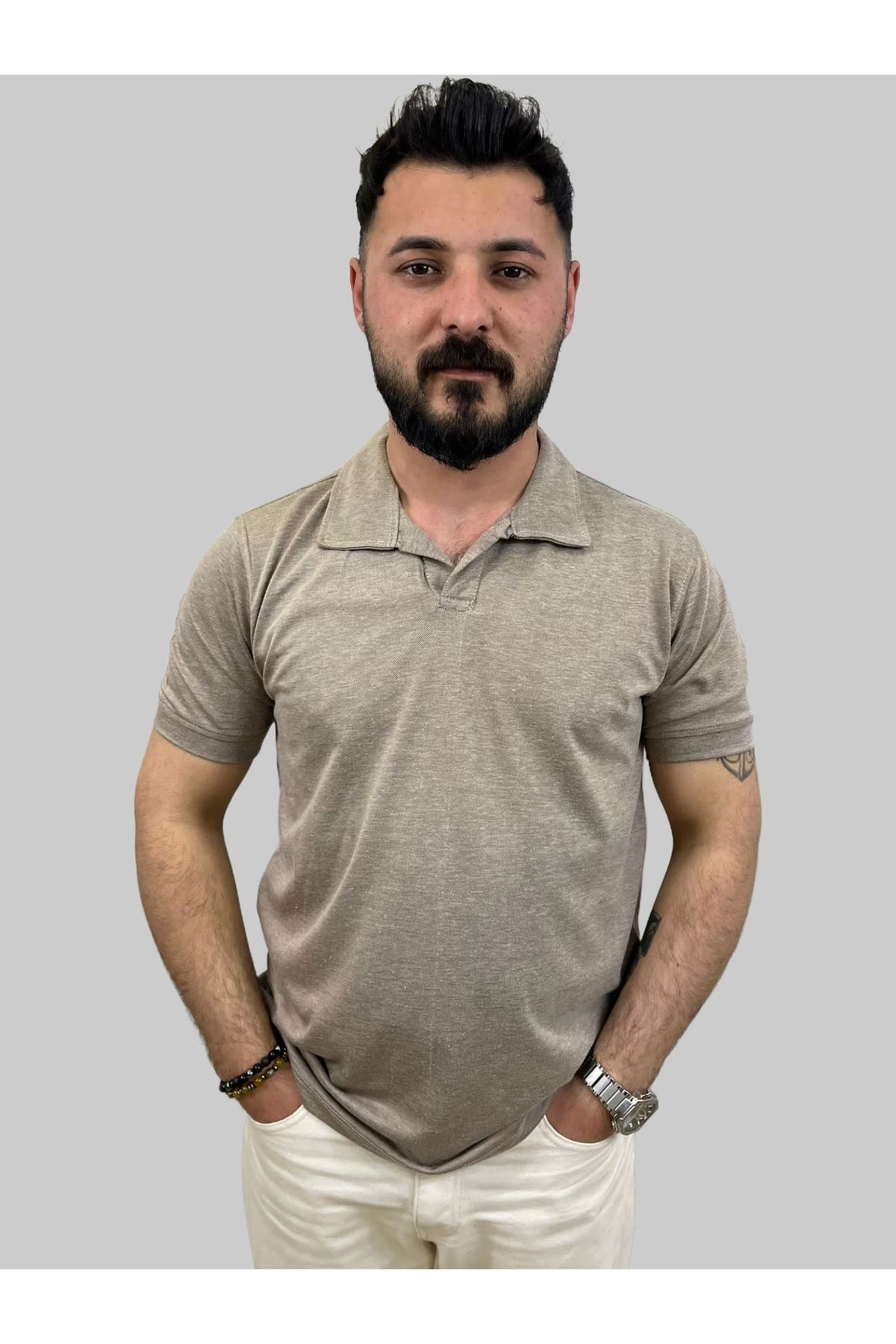 daniel milano Erkek Bymn Düğmesiz Polo Yaka Bej Tişört