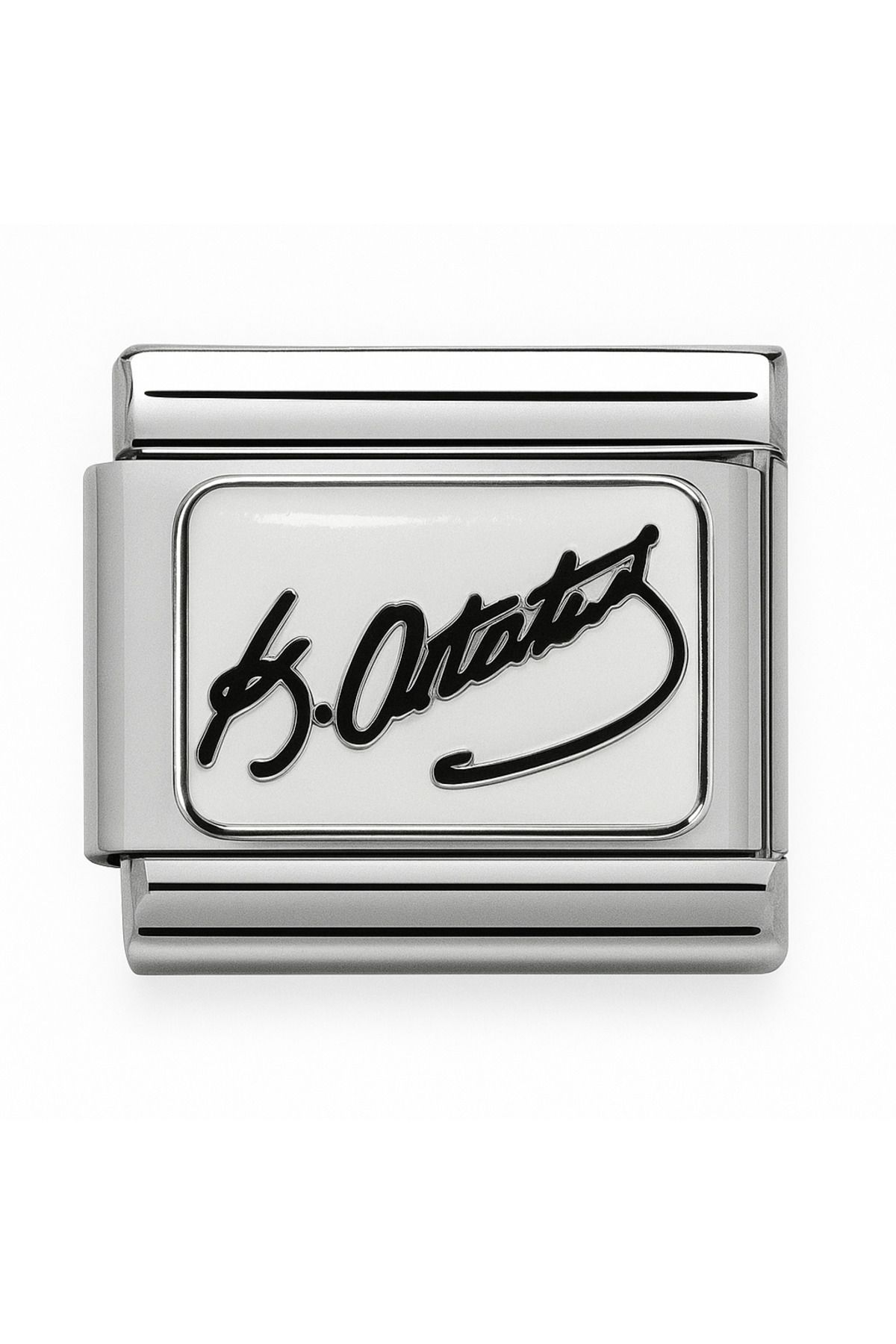 RoyalVance Atatürk İmzalı Çelik Charm – Beyaz Zeminli (İtalyan Bileklik Uyumlu)