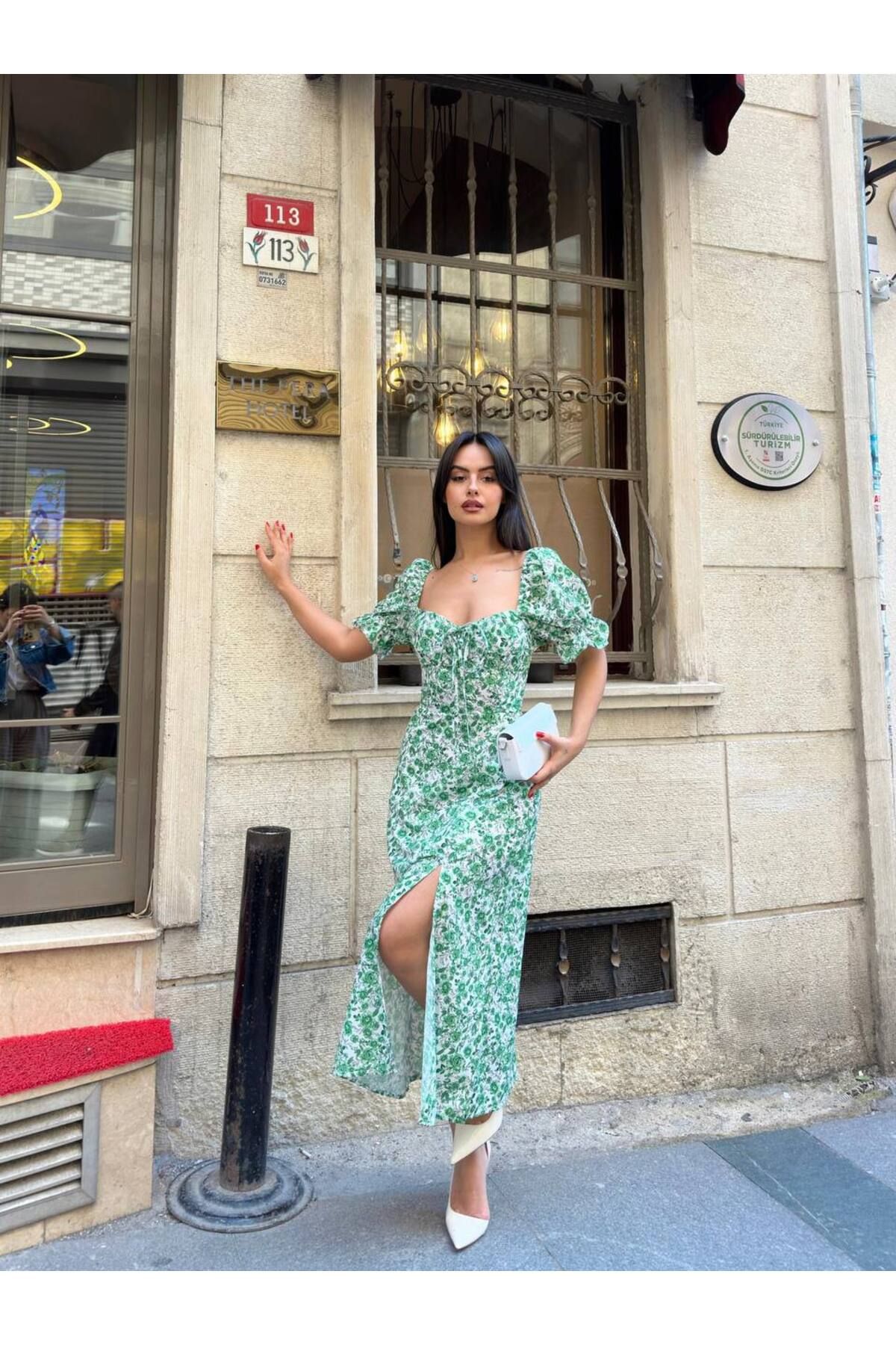 Nopen Knitwear Kadın Önü Büzgülü Yırtmaç Detaylı Midi Elbise