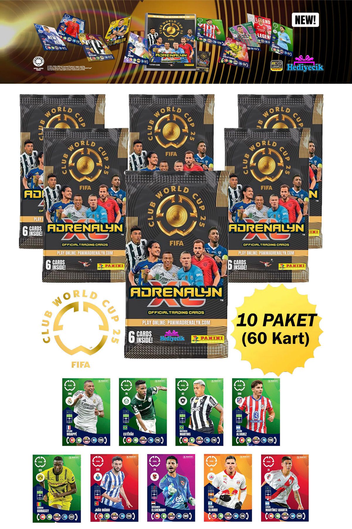hediyecik Panini Fifa Club World Cup 2025 Trading Card Dünya Kupası Oyun Kartları 10 Paket (60 Kart)